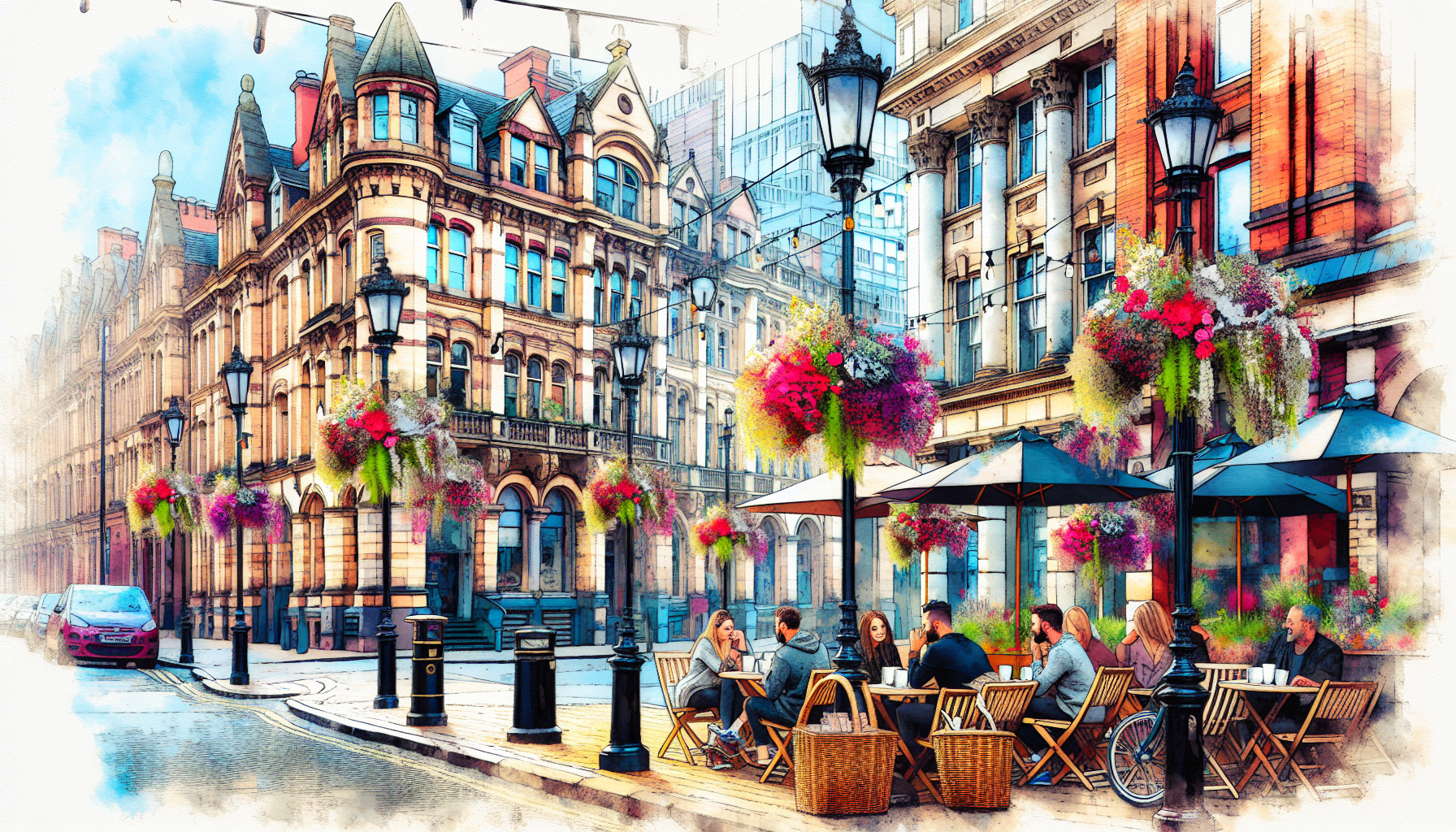 Create an image of a picturesque street in Birmingham, UK, with historic Victorian buildings, colorful flower baskets hanging from lampposts, and locals enjoying a cup of tea at a cozy outdoor cafe. T