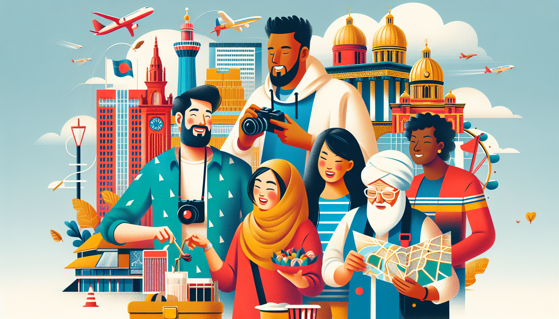 Create an image of a diverse group of tourists enjoying the various sights and experiences in Birmingham, such as visiting iconic landmarks, exploring cultural attractions, and trying local cuisine. C