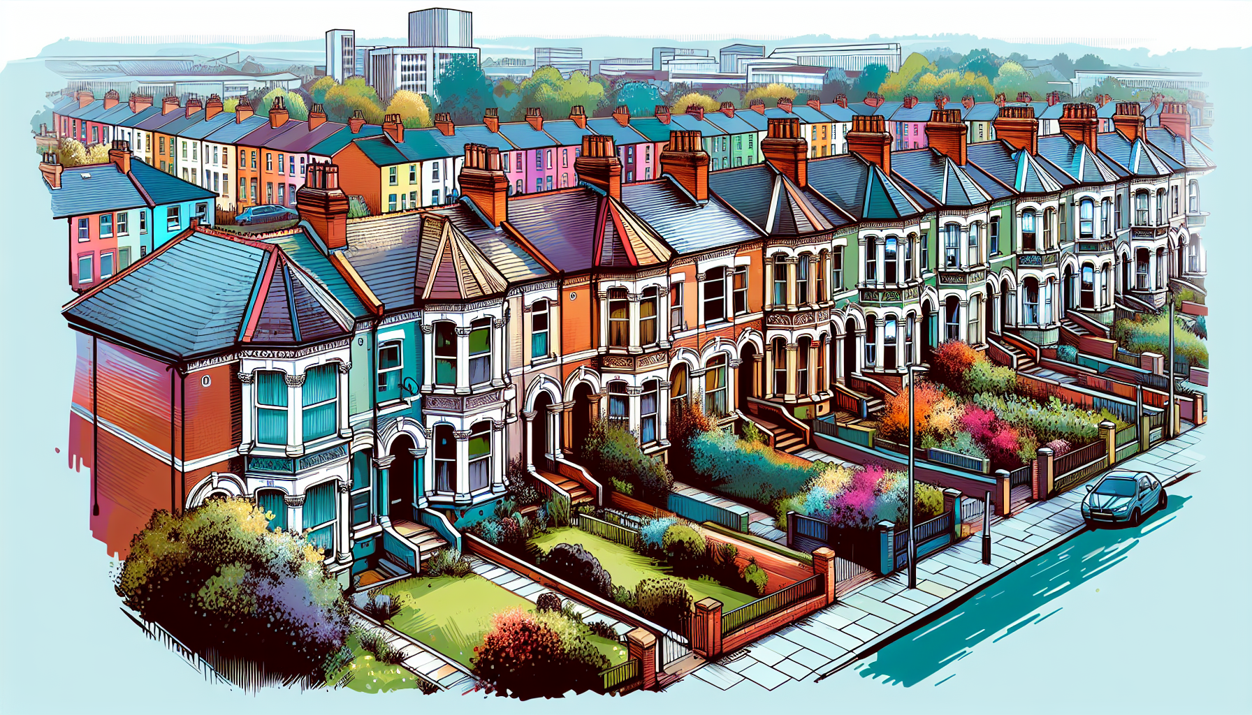 Create an image of a diverse neighborhood in Birmingham, UK, featuring rows of colorful terraced homes with unique architectural details, lush greenery, and a vibrant community atmosphere. The scene s