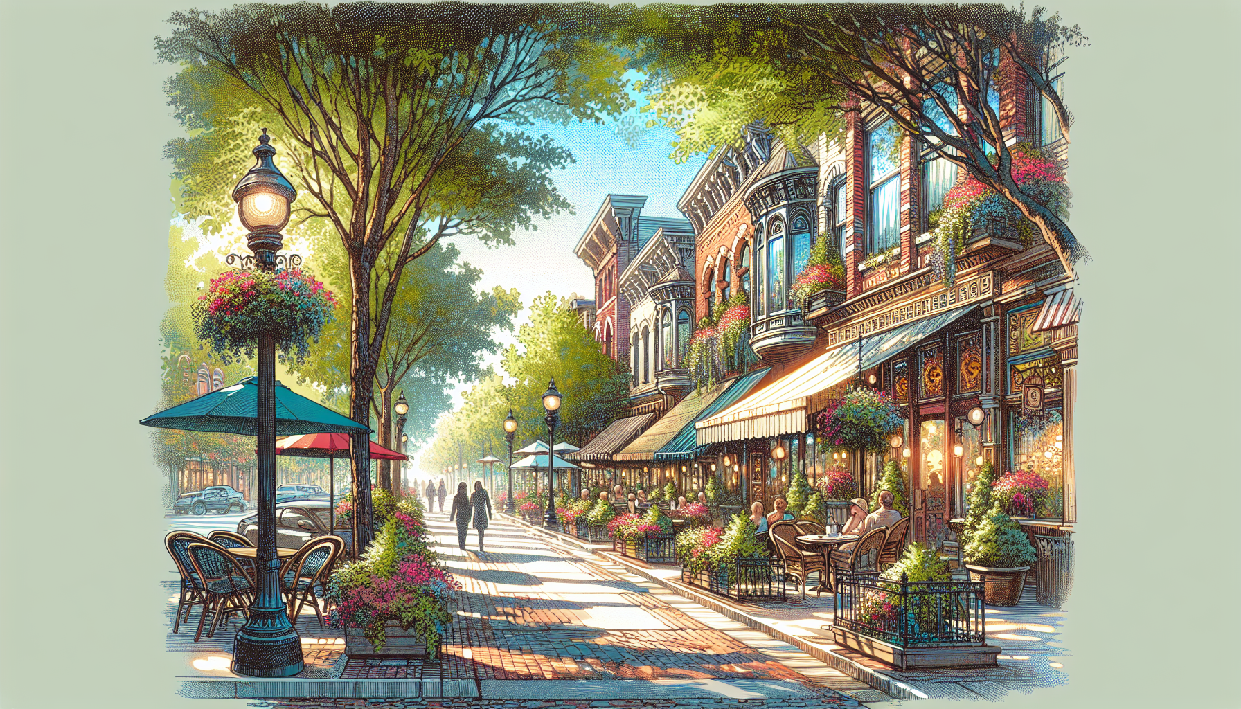 Please create an image of a charming street in Birmingham, Michigan, showcasing the unique shops, cafes, and tree-lined sidewalks that make it a sought-after neighborhood. Capture the essence of a vib