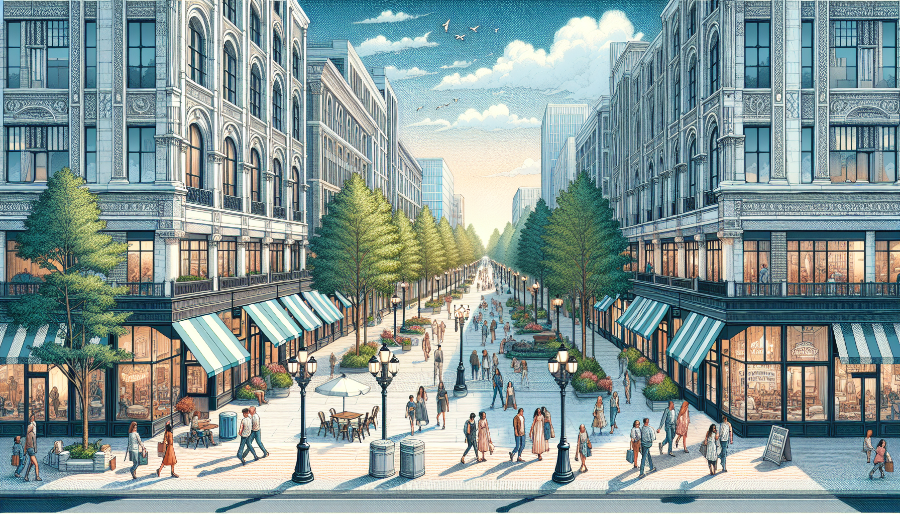 Create an image of a bustling street in Birmingham, Michigan, showcasing a mix of trendy shops, cozy cafes, and elegant boutiques. The scene should capture the vibrant atmosphere of the city, with peo