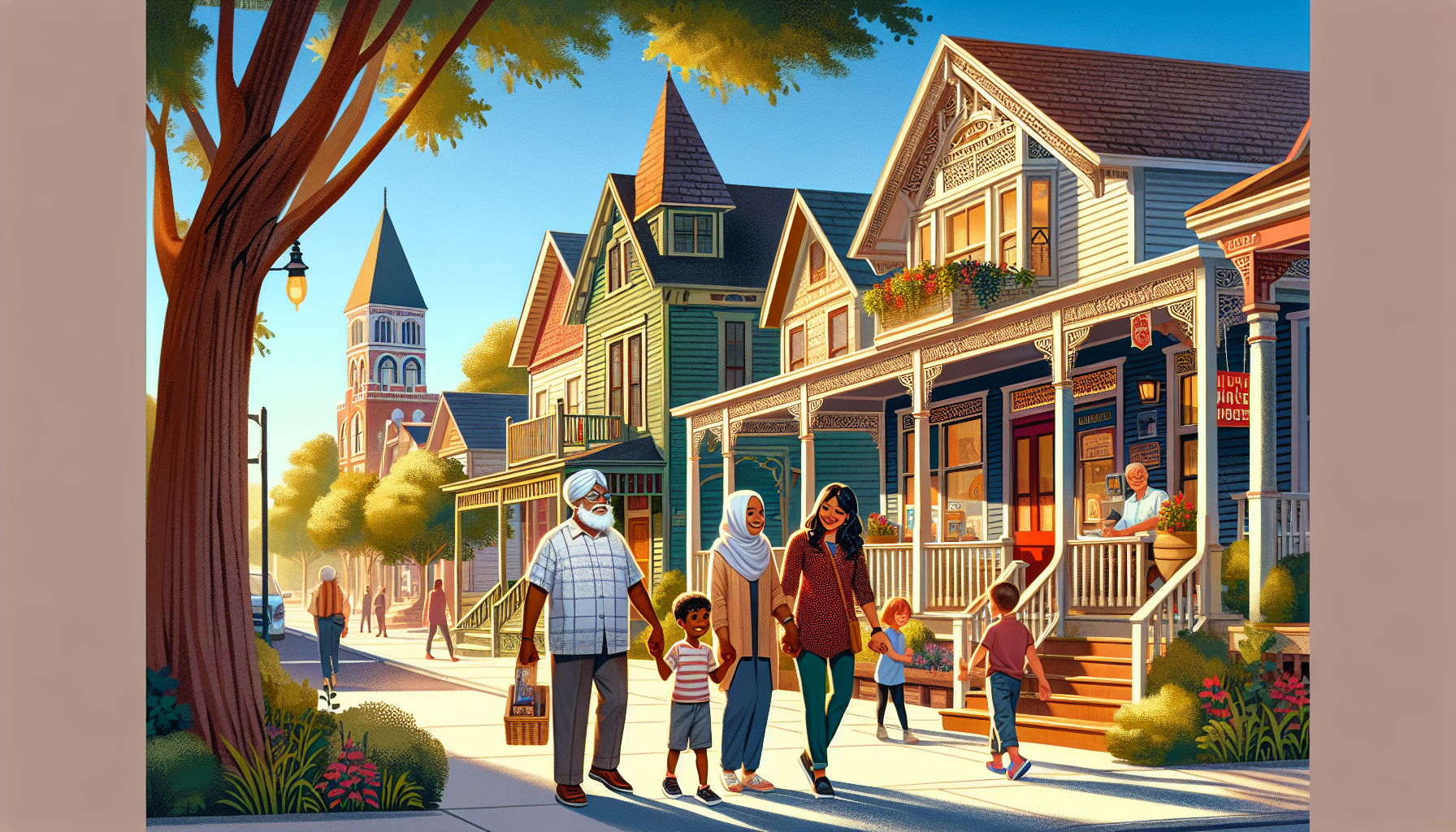 Create an image of a diverse group of people of various ages and backgrounds exploring a quaint neighborhood in Birmingham, MI, with charming homes, tree-lined streets, and local shops in the backgrou