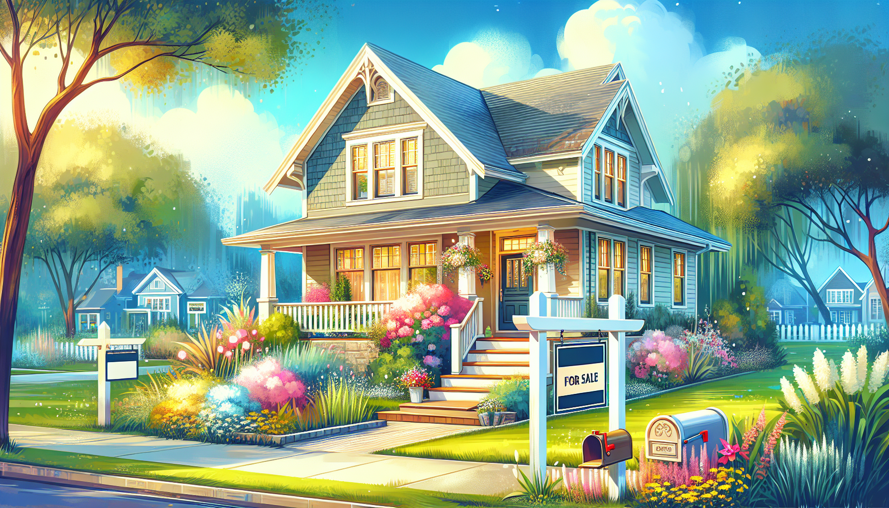 Create an image of a beautifully landscaped house in Birmingham, Michigan, with a for sale sign in the front yard. The house should have a welcoming front porch and lush greenery surrounding it, showc