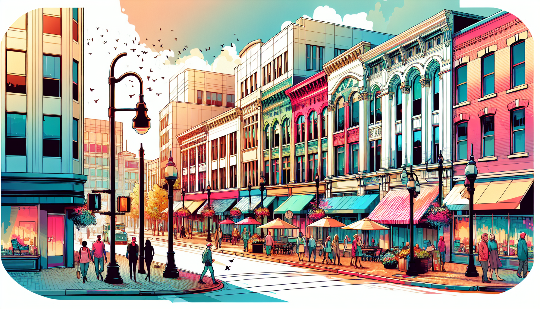 Create an image of a quaint downtown street in Birmingham, Michigan bustling with activity from its local shops, cafes, and pedestrians, capturing the vibrant and welcoming atmosphere of this charming