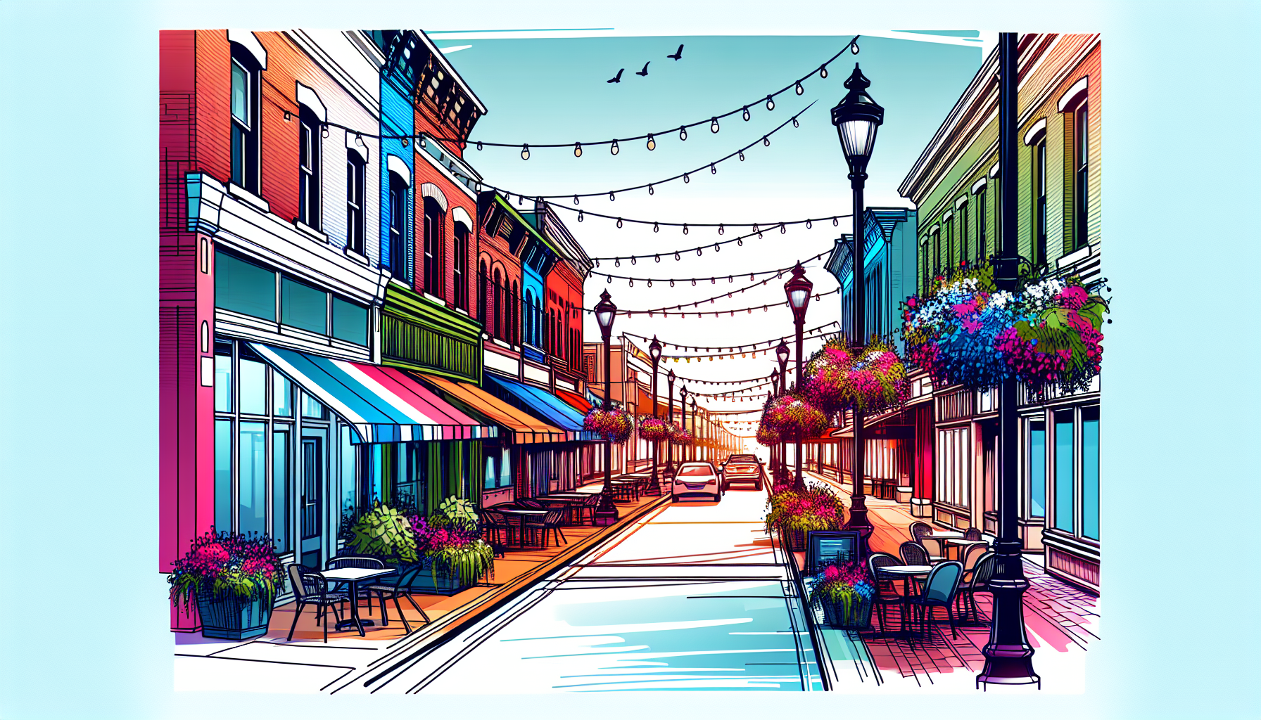 Create an image of a picturesque street in Birmingham, Michigan lined with boutique shops, charming cafes, and colorful flower baskets hanging from lampposts. The scene should capture the small-town c