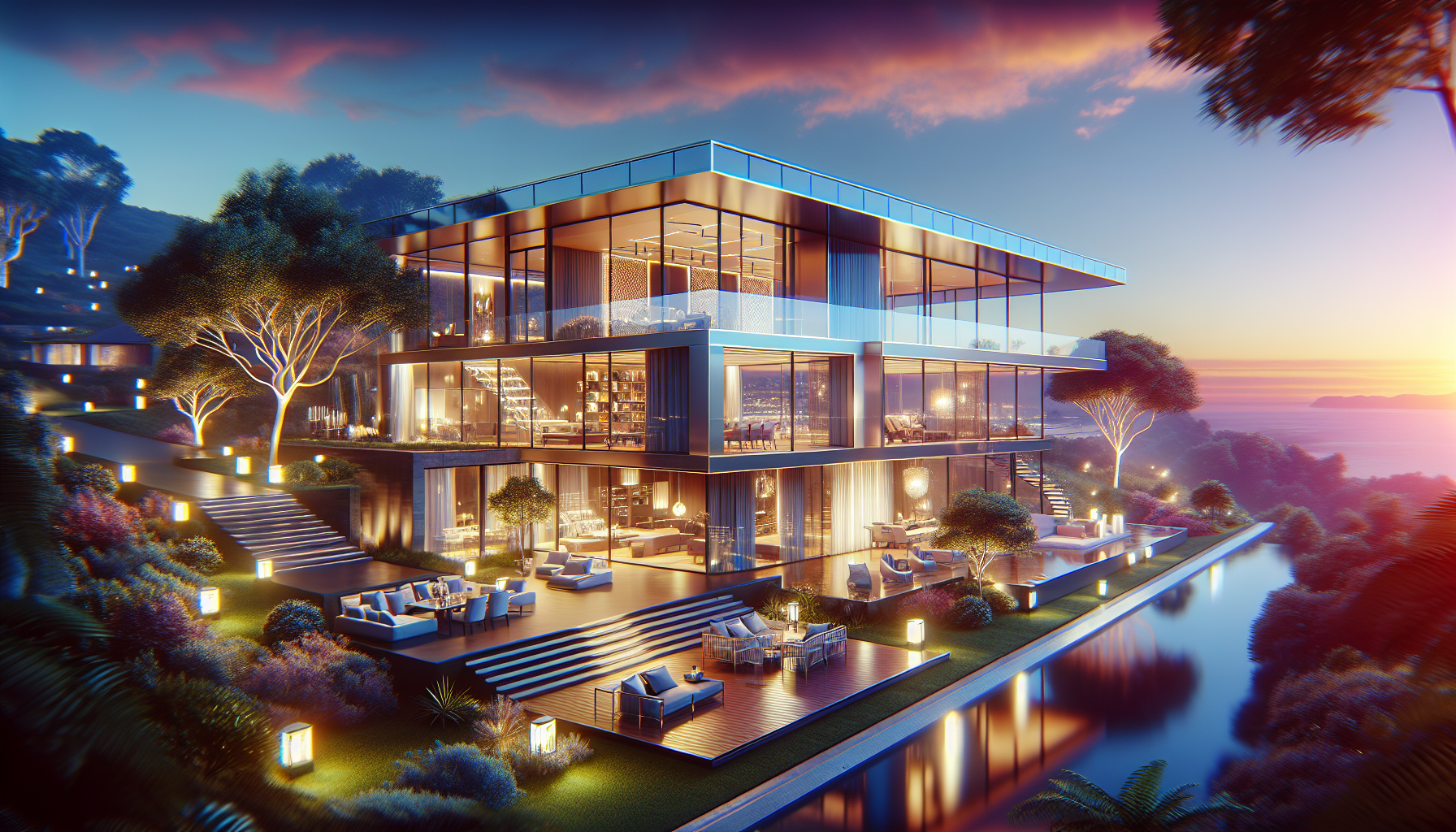 Create an image of a sleek and modern luxury home with floor-to-ceiling windows, high-end furnishings, and an expansive outdoor patio with a stunning view. The image should capture a sense of opulence
