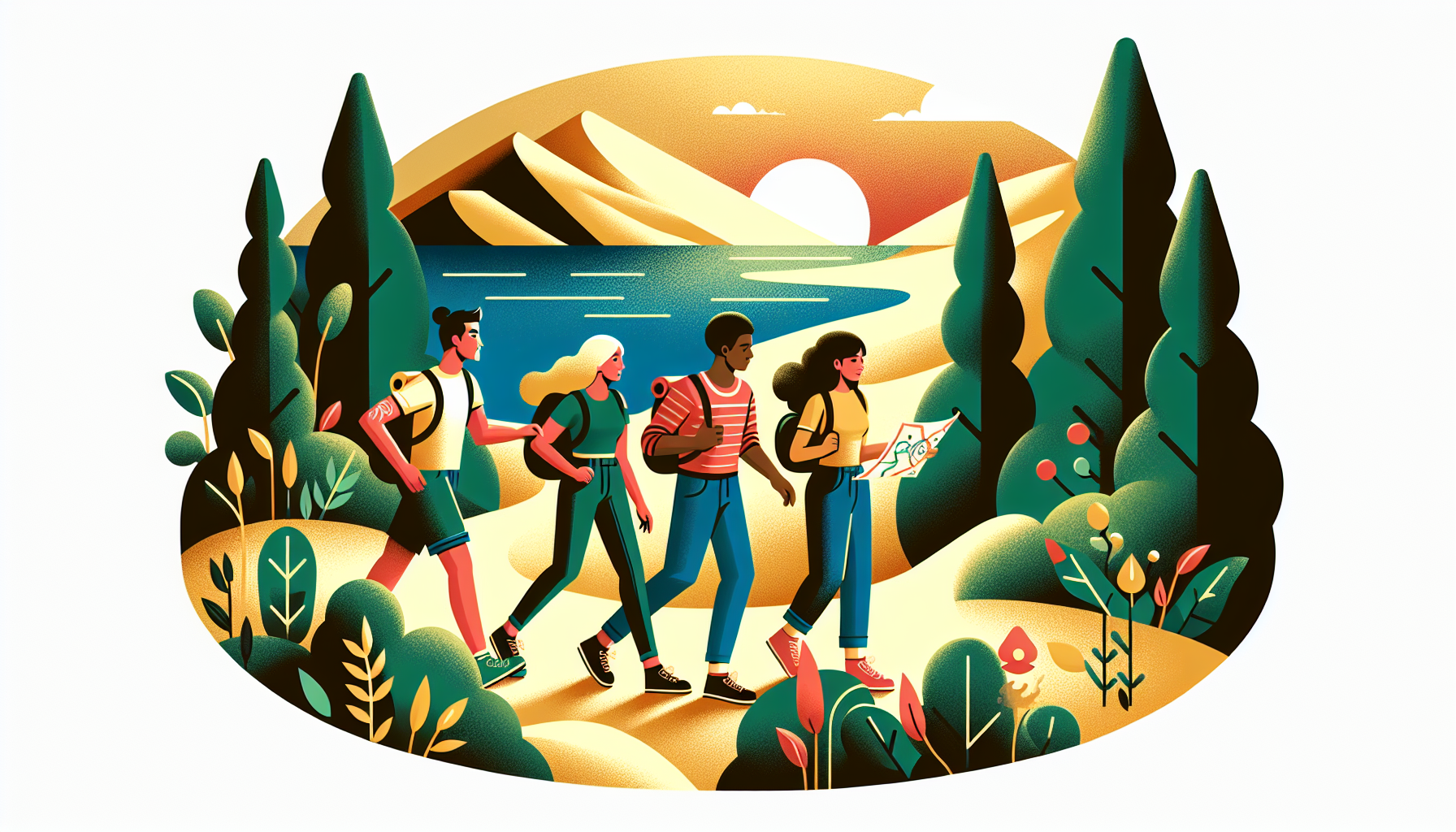Create an image of a group of friends hiking along the shores of Lake Michigan with a map in hand, surrounded by lush green forest and majestic sand dunes in the distance. The sun setting on the horiz