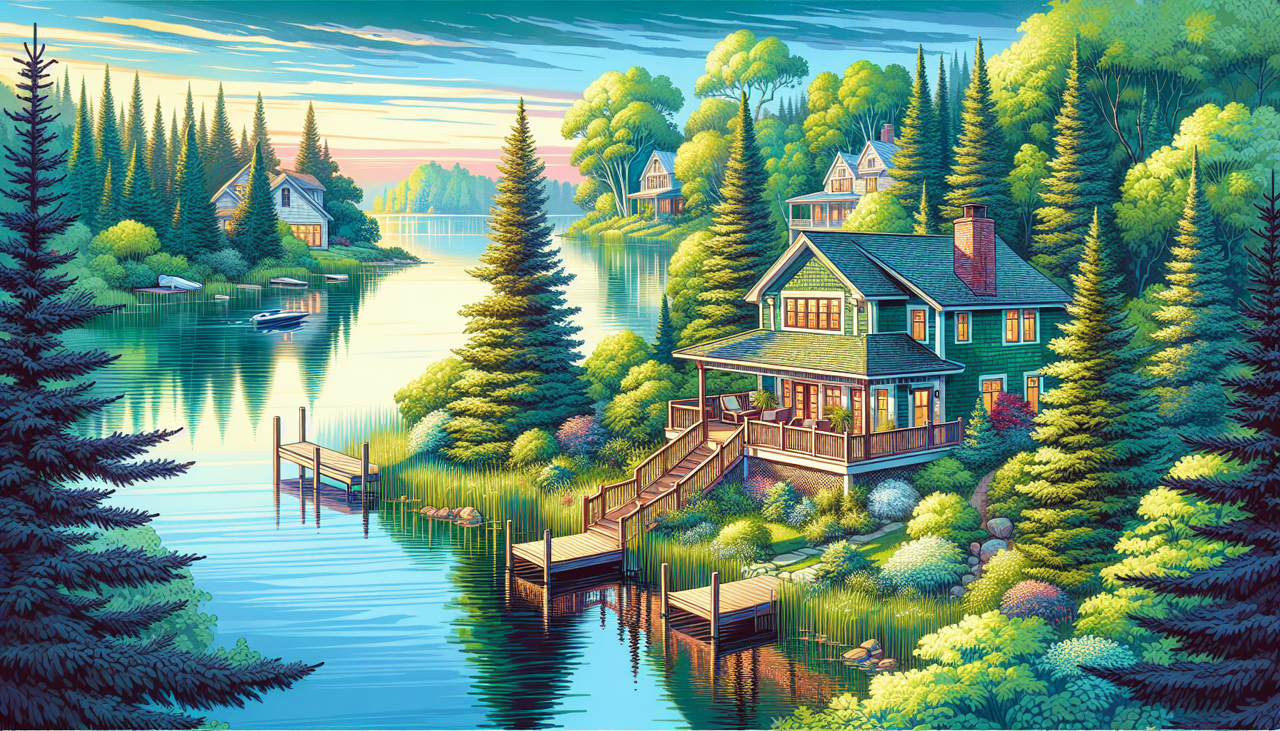 Create an image of a picturesque waterfront property in Michigan, featuring a charming house surrounded by lush greenery and a serene lake in the background. The scene captures the essence of Michigan