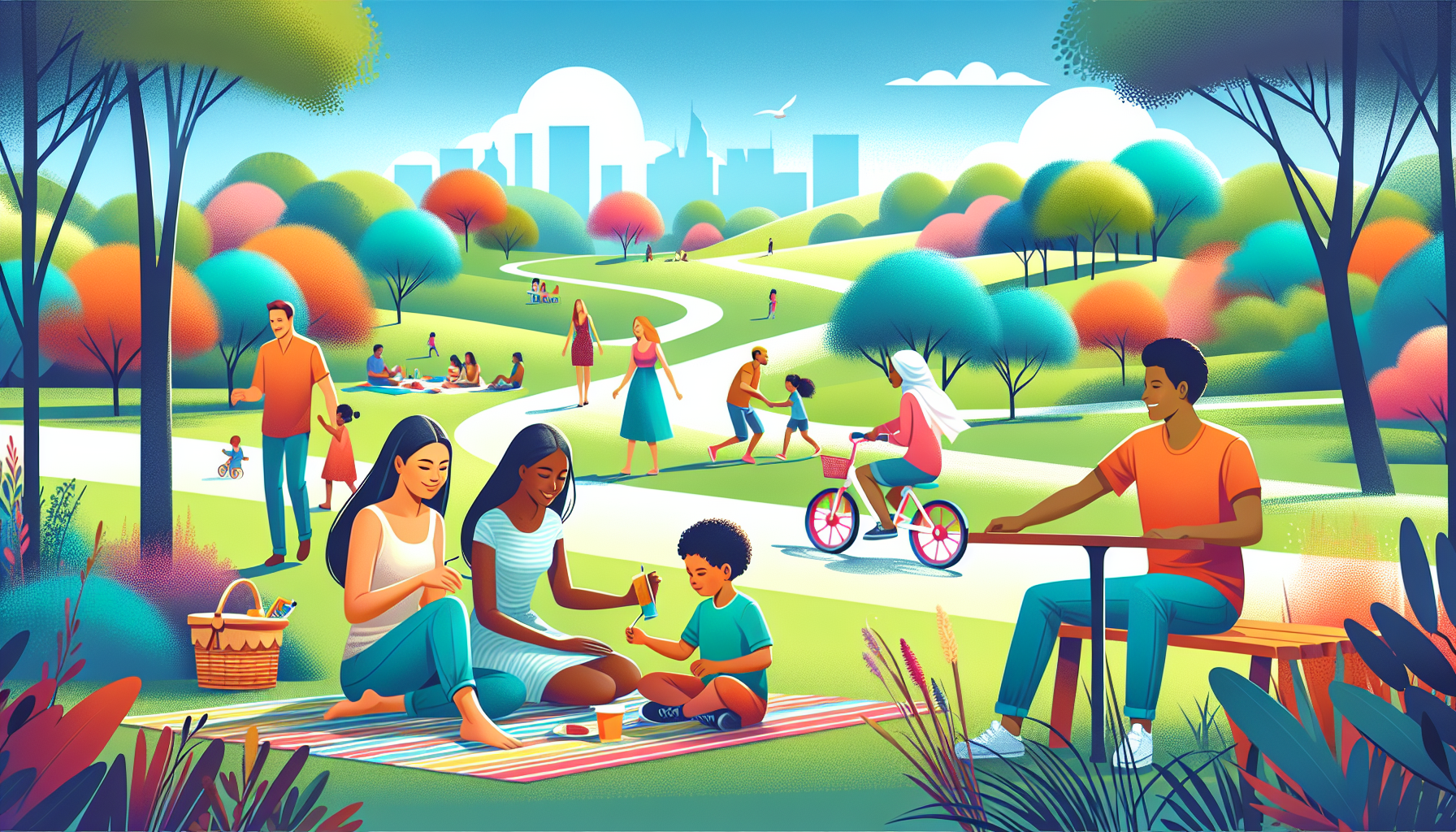 Create an image of a picturesque park in Birmingham, Michigan, showcasing lush greenery, walking trails, and families enjoying outdoor activities such as picnicking, biking, and playing in a safe and