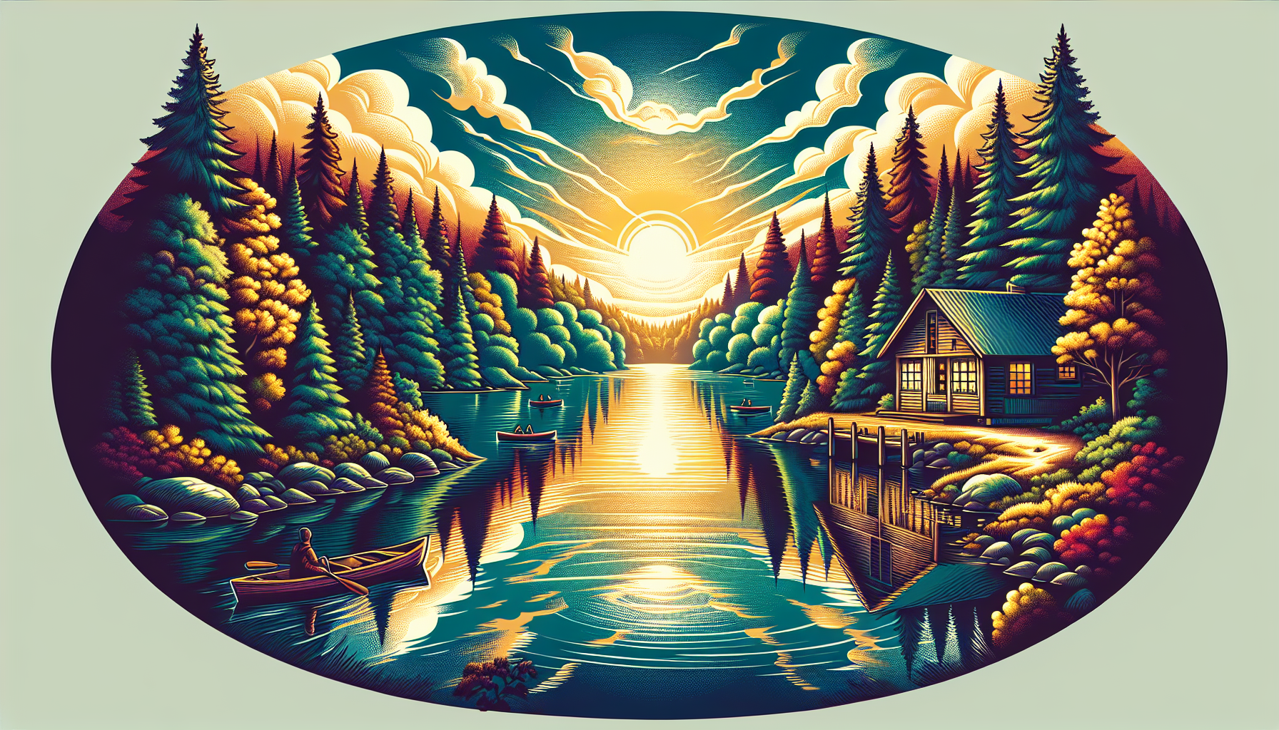 Create an image of a scenic view of a pristine lake surrounded by lush green forests in Michigan, with a small rustic cabin nestled on the shore. The sun is setting, casting a warm glow over the lands