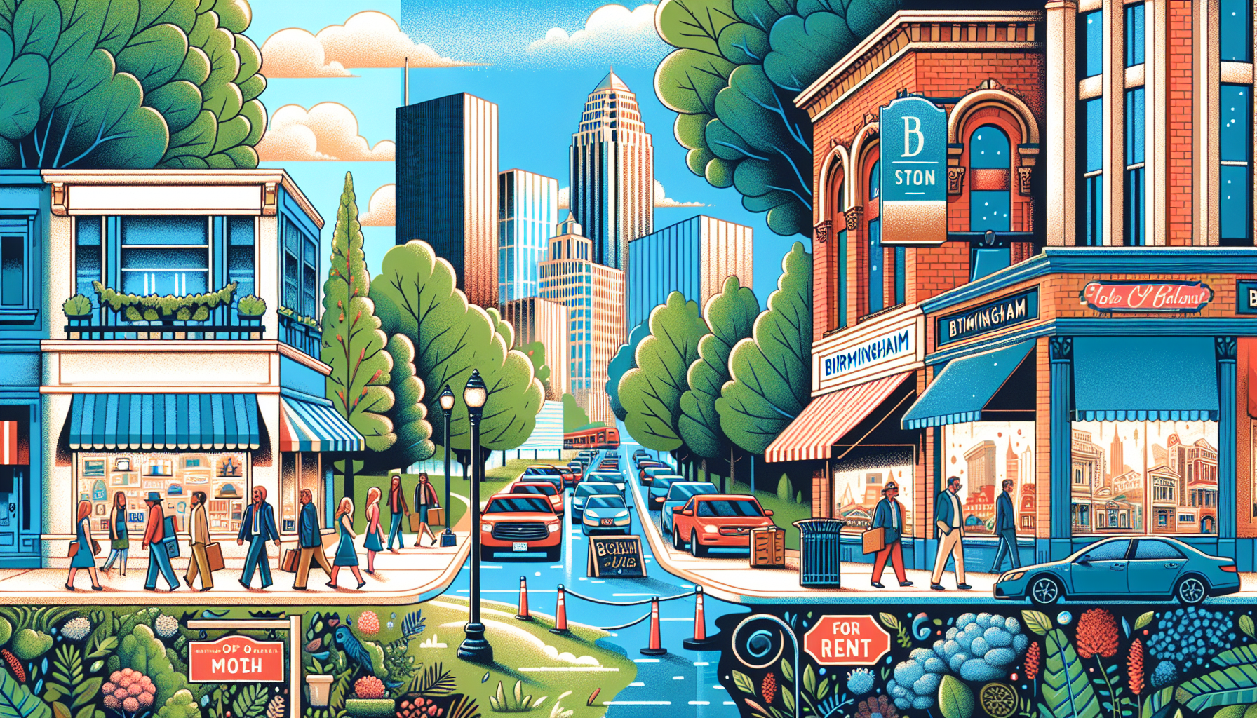 Please generate an image showing a visual representation of the pros and cons of Birmingham, Michigan. The pros could include charming downtown scenes, upscale shops, and beautiful parks, while the co