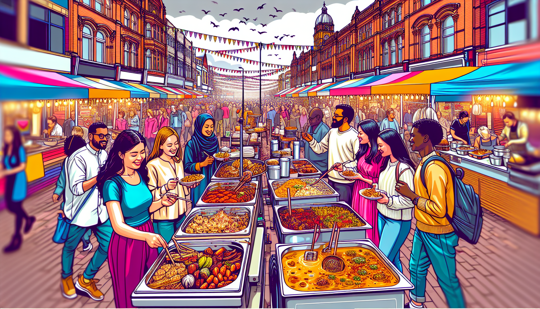Create an image of a bustling street in Birmingham filled with diverse food stalls and vendors, showcasing a variety of colorful and delicious dishes. Display the vibrant food scene of the city with p