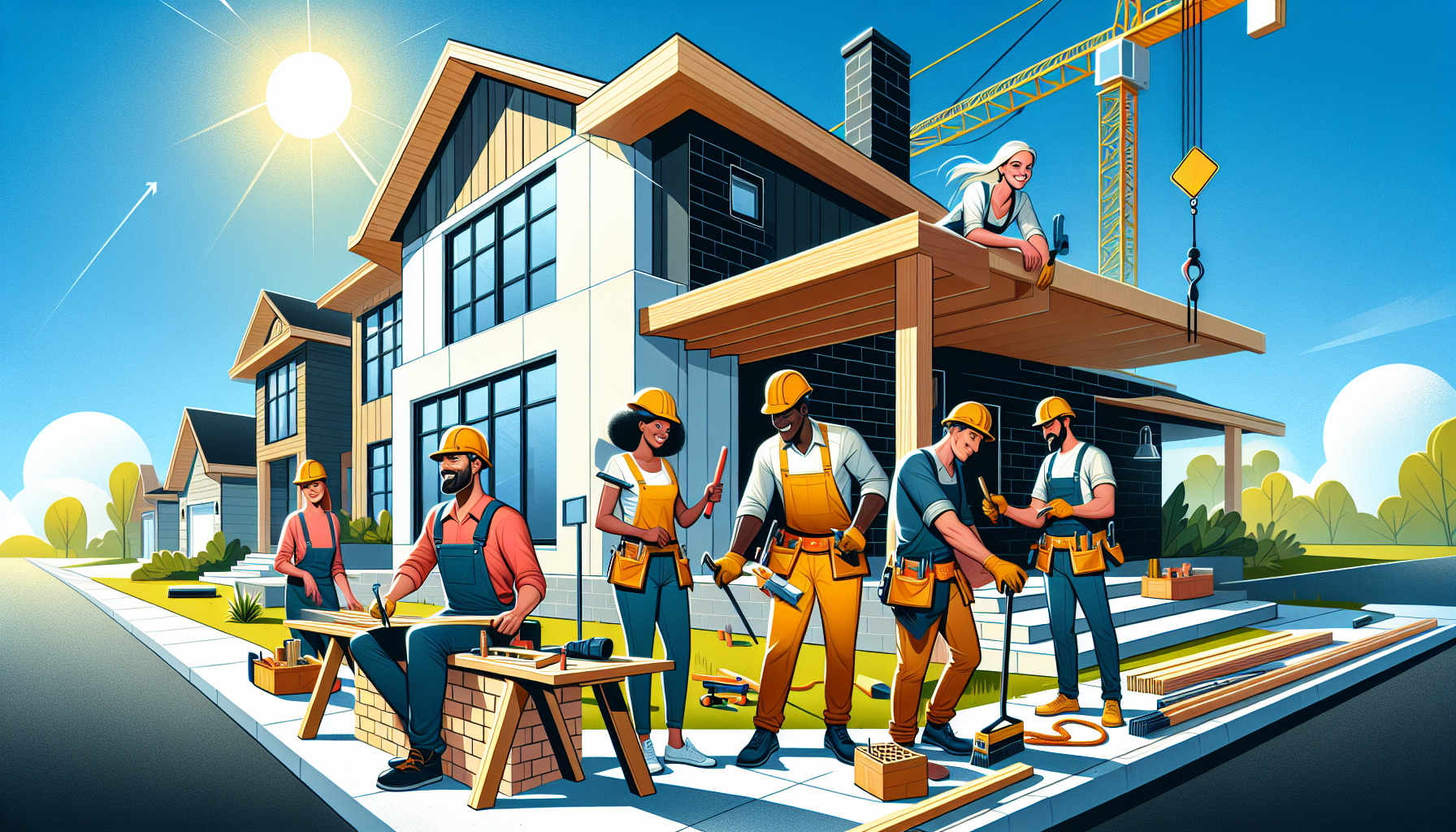 Create an image of a beautiful, modern house under construction in Birmingham, Michigan, with a team of skilled and focused builders working diligently on it. Show a sunny day with clear blue skies, h