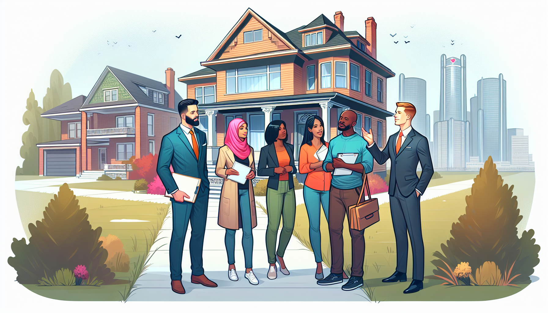 Create an image of a diverse group of people touring a beautiful, newly renovated house in Detroit with a realtor, discussing features and potential bids. The house should reflect the charm and histor