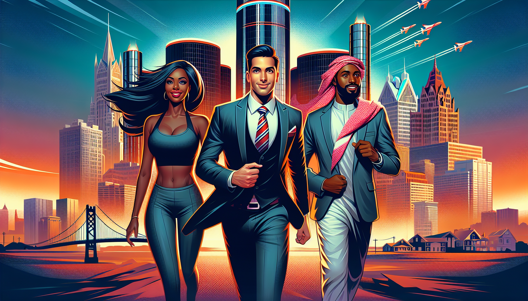 Create an image of a futuristic cityscape in Metro Detroit with a real estate agent confidently leading a couple towards their dream home. The skyline should feature iconic Detroit landmarks like the