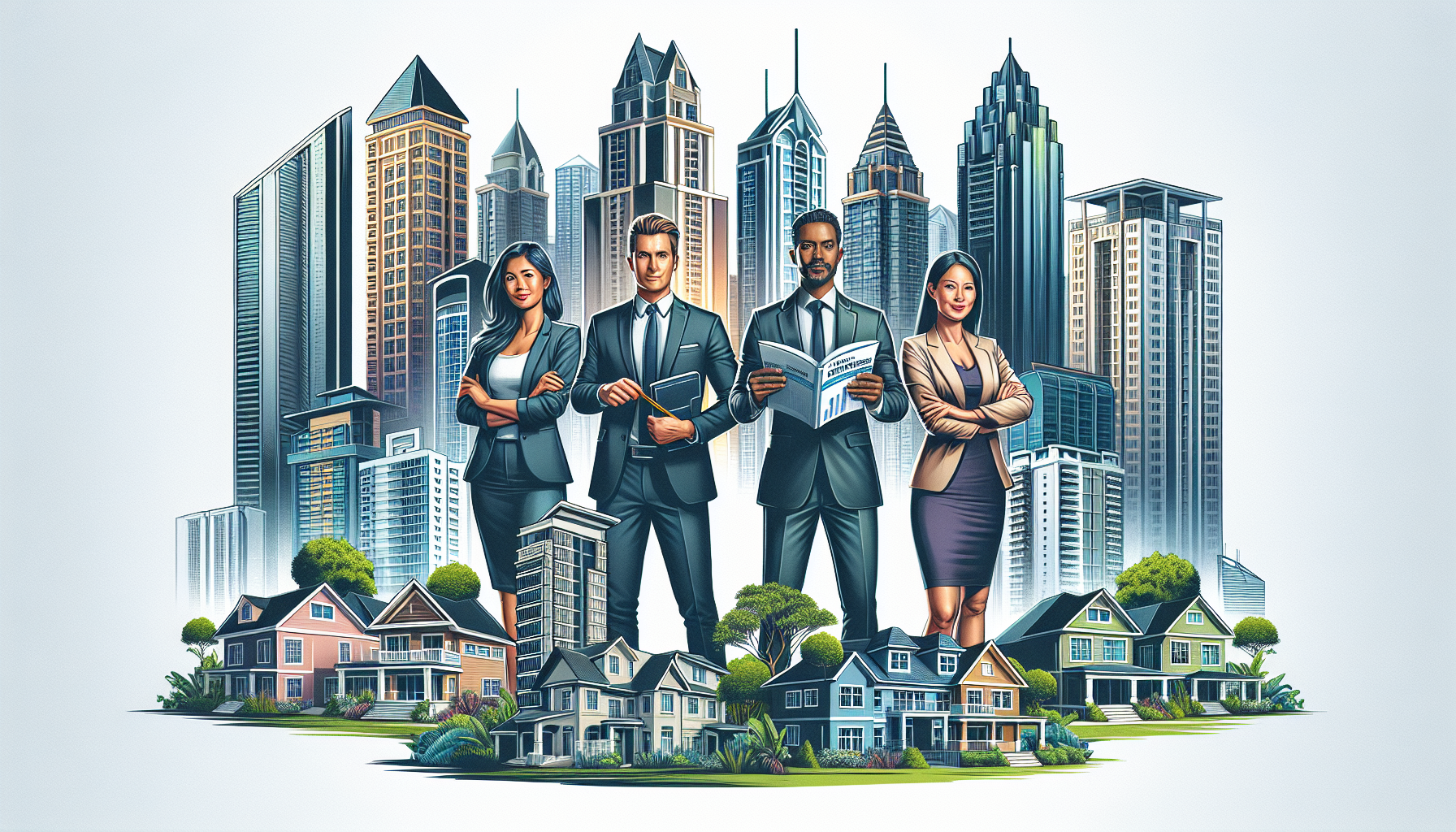 Create an image of a diverse group of people, including a young professional, a middle-aged couple, and a retired individual, all standing confidently in front of various high-performing real estate p
