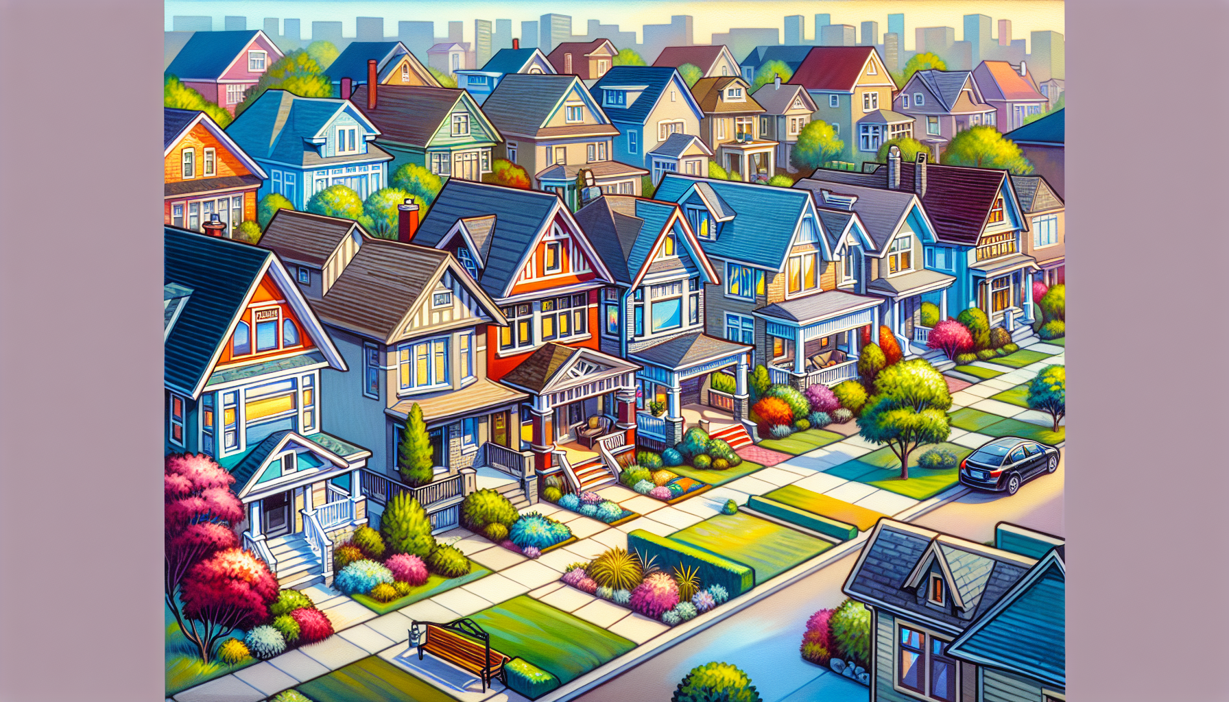 Create an image of a quaint street in Birmingham, Michigan lined with beautiful homes for sale, showcasing a variety of architectural styles and landscaping. The scene should depict a vibrant and welc