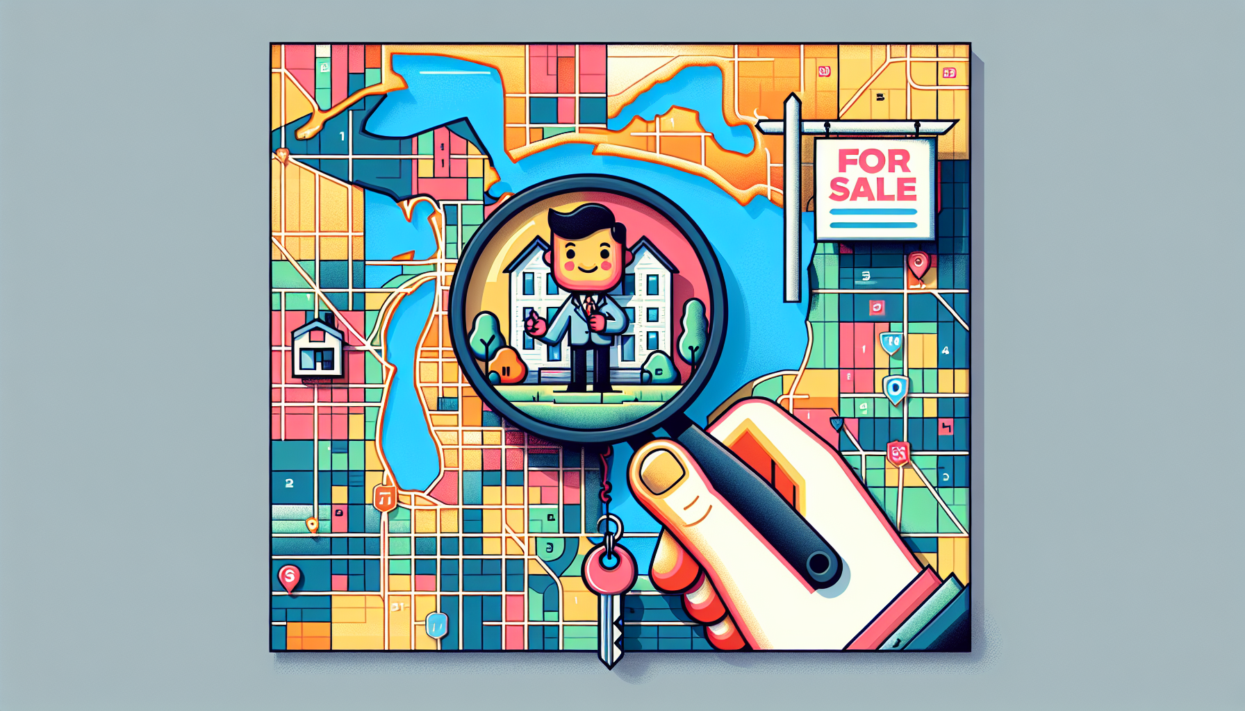 Create an image of a Michigan-themed map with a magnifying glass showcasing the city of Detroit. Surrounding the magnifying glass are various elements such as a house, a For Sale sign, and a friendly