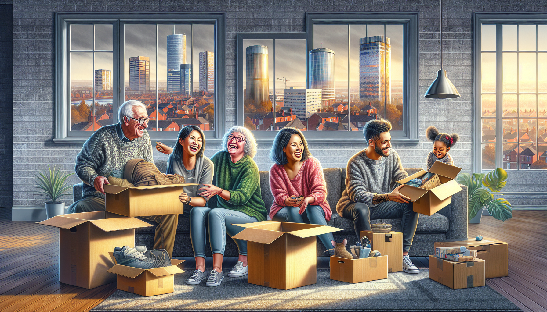 Create an image of a diverse group of people of different ages and ethnicities happily unpacking moving boxes in a cozy living room in Birmingham, with important landmarks of the city subtly visible t