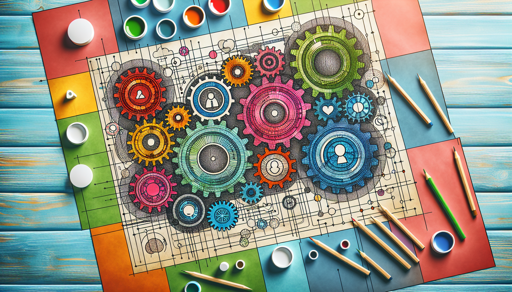 A futuristic blueprint for a National Aging Strategy, with interconnected gears and symbols representing health, technology, and well-being for older adults, set against a vibrant and inclusive backdr