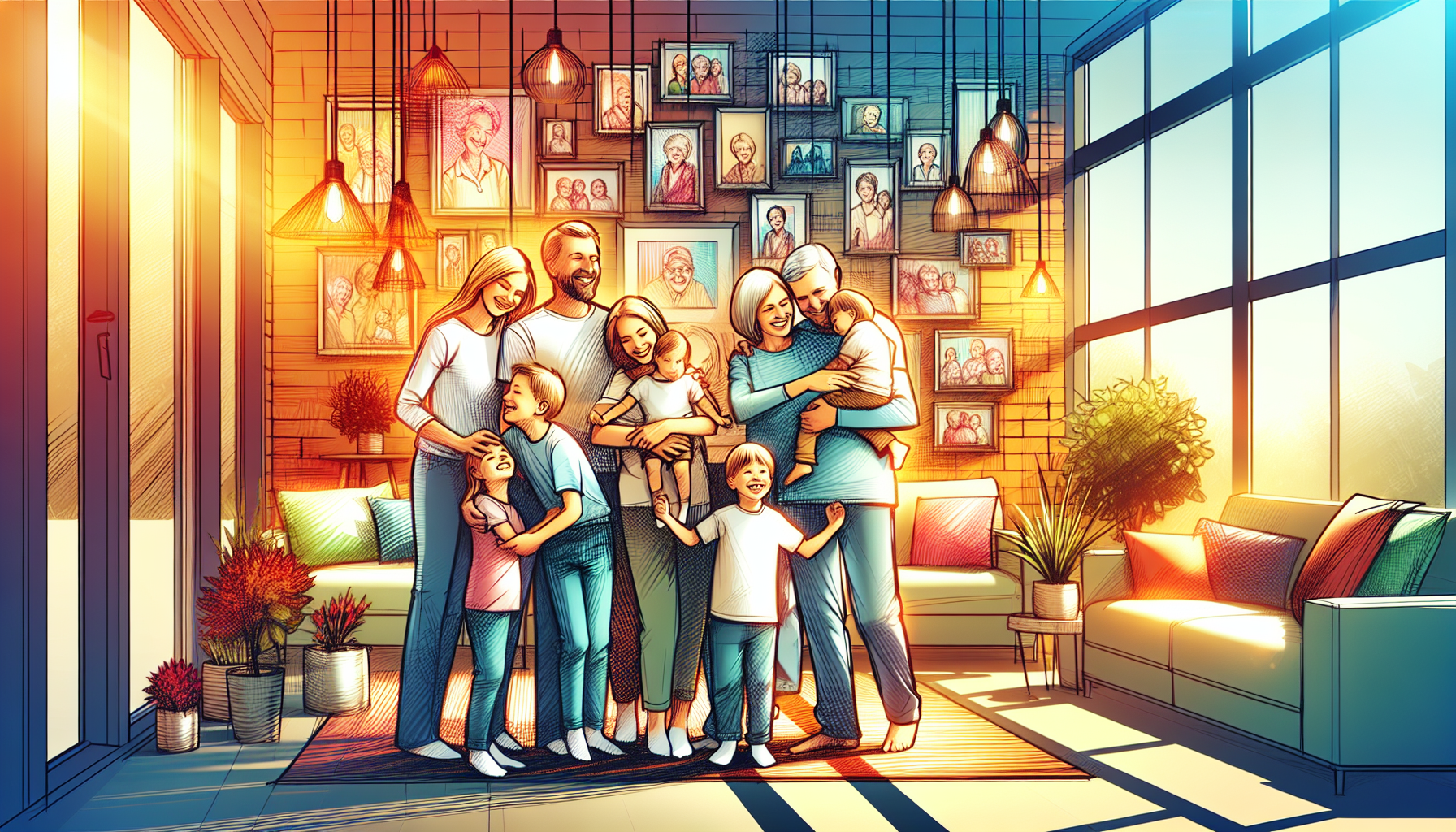 A joyful family of diverse ages gathered in a cozy living room, their faces radiating contentment and love. Sunlight streams in through the large windows, illuminating their warm embrace and the cheri