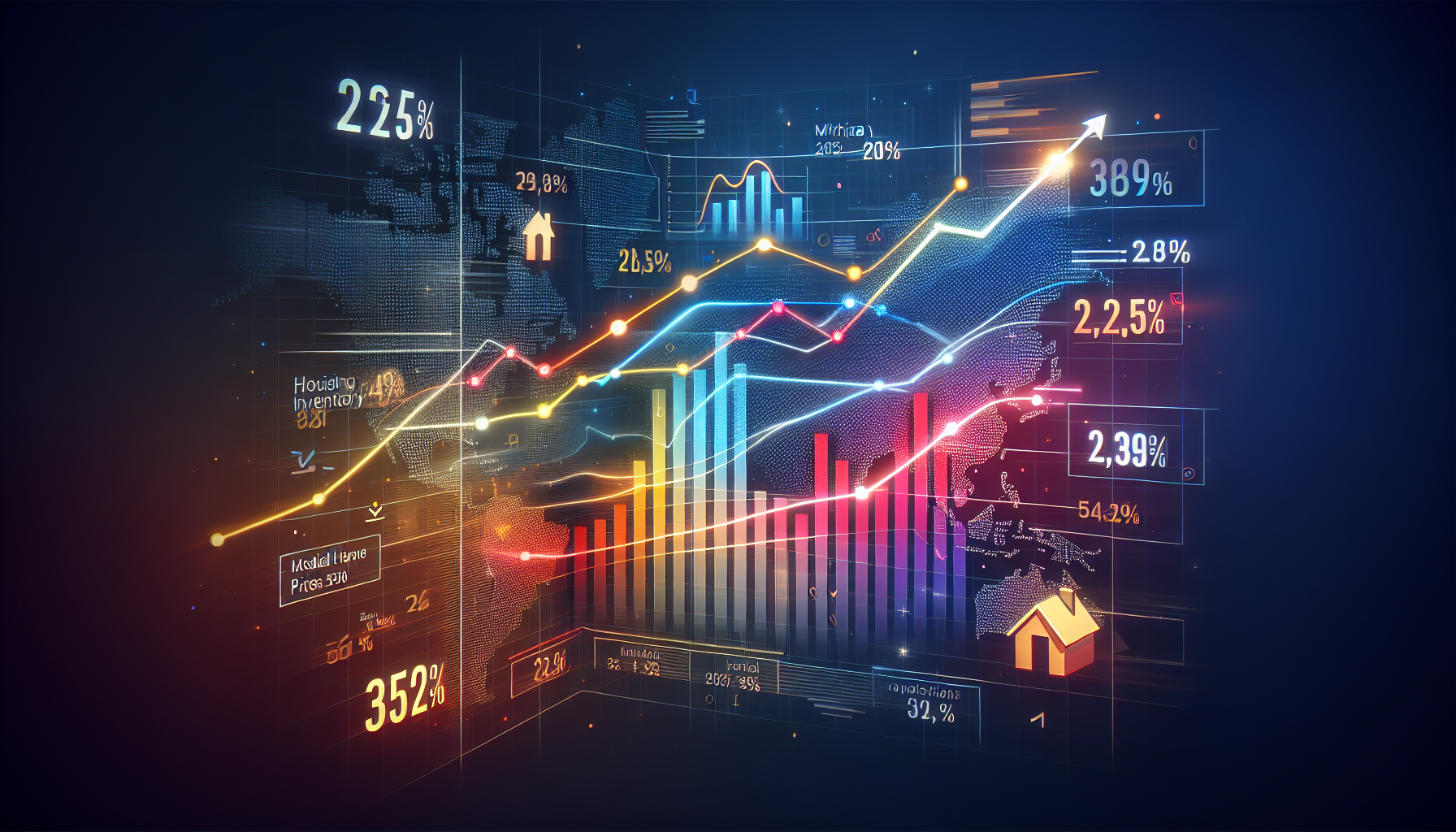 Create an image for the article Insights into Michigan Real Estate Market Trends for 2023 depicting a dynamic graph showing the projected changes in median home prices and housing inventory levels acr