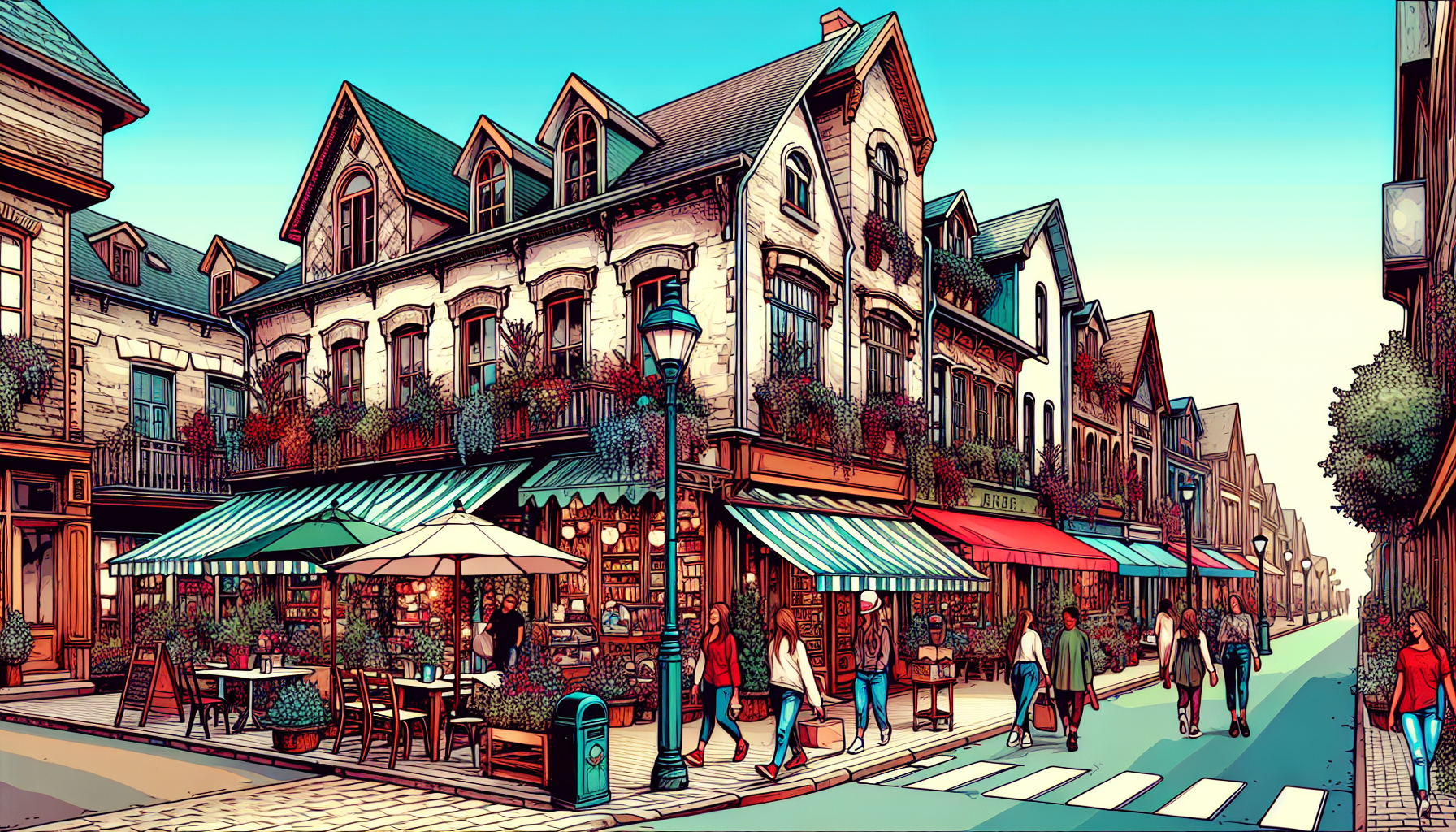 Create an image of a picturesque street in Birmingham, Michigan lined with charming shops and cafes, showcasing the vibrant community and bustling atmosphere of the town. Capture the essence of the ci