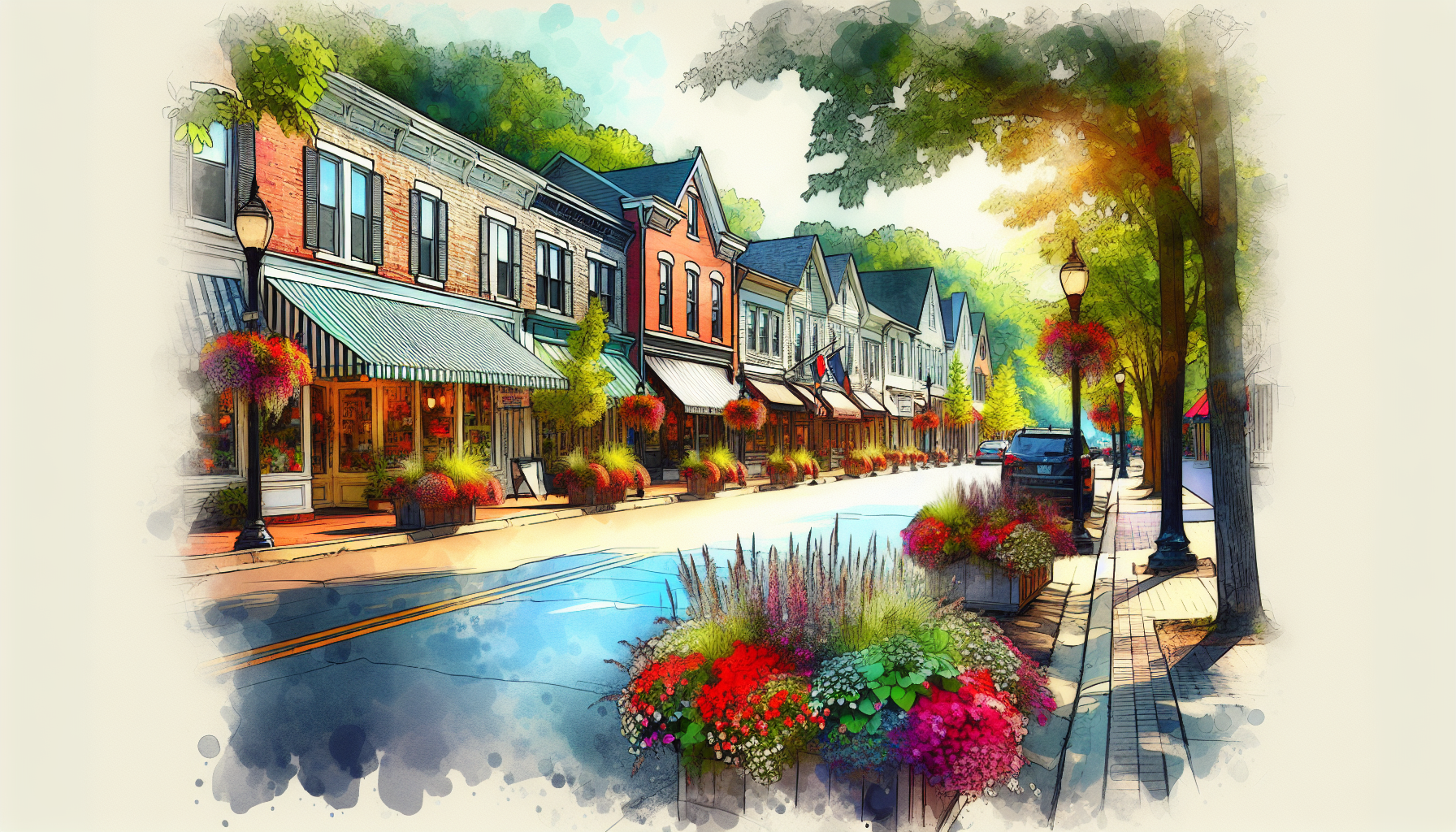 Create an image of a peaceful street in Birmingham, Michigan lined with quaint shops and colorful flowers, showcasing the charm of this Midwest city. The scene should capture the essence of small-town
