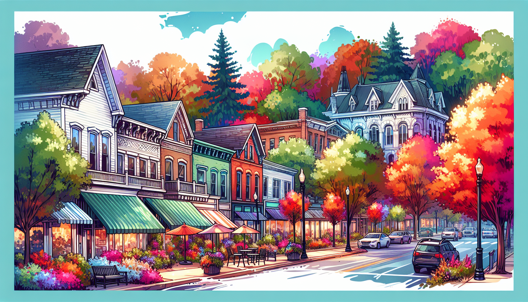 Create an image of a charming street in Southeast Michigan lined with colorful trees and quaint local shops, capturing the essence of small-town charm and the beauty of the region.