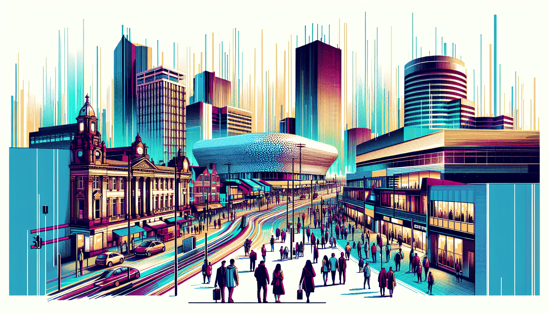 A vibrant, modern skyline of Birmingham featuring futuristic architecture, bustling streets filled with a mix of historic and contemporary elements, and prominent landmarks like the Bullring. The scen