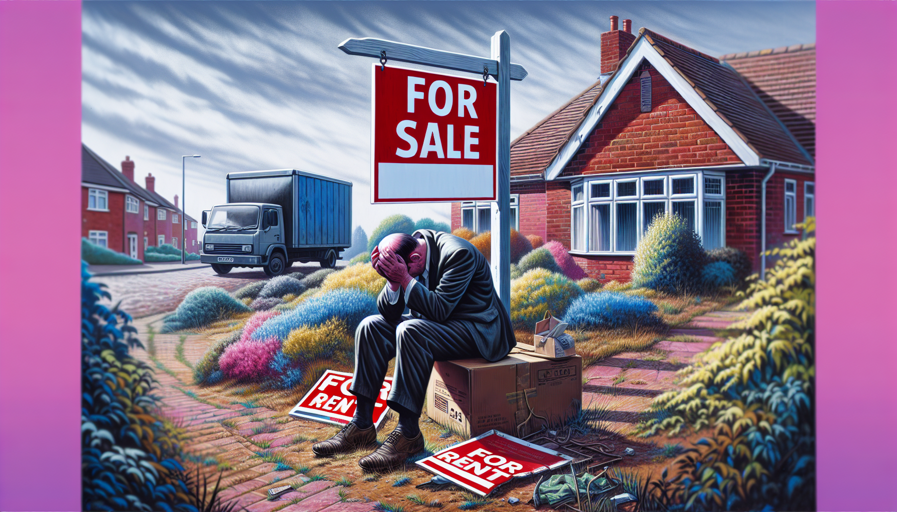 A forlorn-looking For Sale sign in the overgrown yard of a charming brick bungalow in Birmingham, with a For Rent sign hanging below it, and a moving truck driving away in the background.