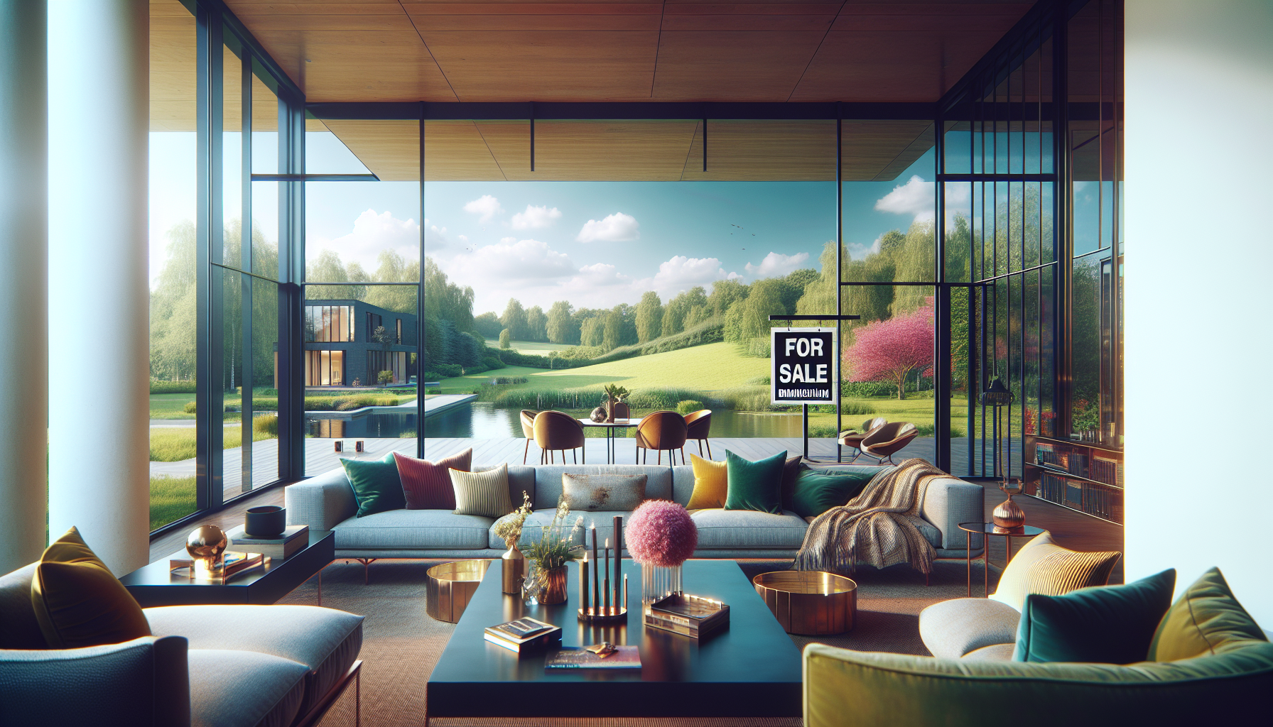 A beautifully staged living room in a modern Birmingham home with large windows overlooking a green garden, with a For Sale sign visible in the background.