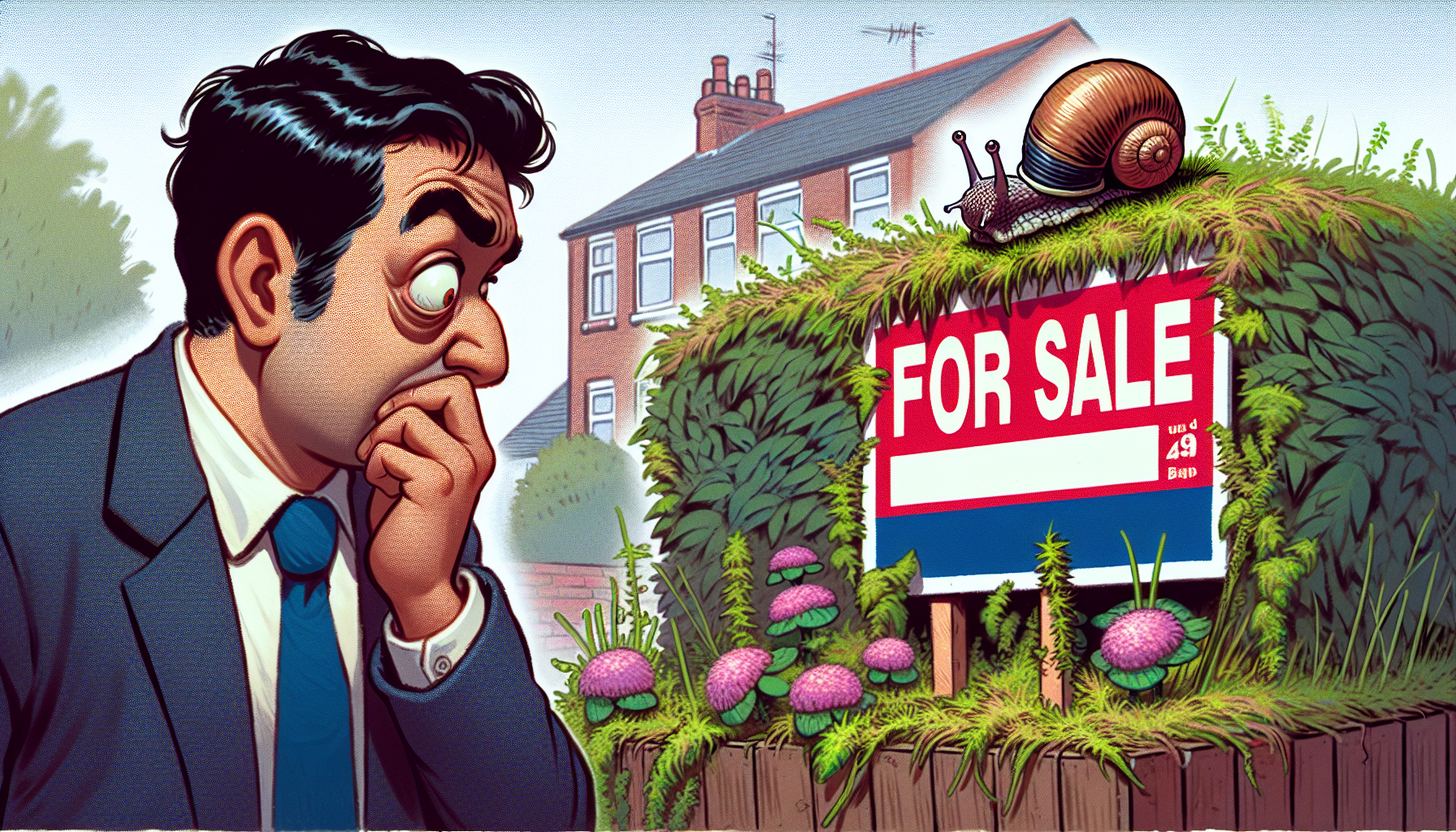 A bewildered homeowner in Birmingham, UK, staring at a For Sale sign in their front yard overgrown with weeds, as a snail leaves a trail across the sign.