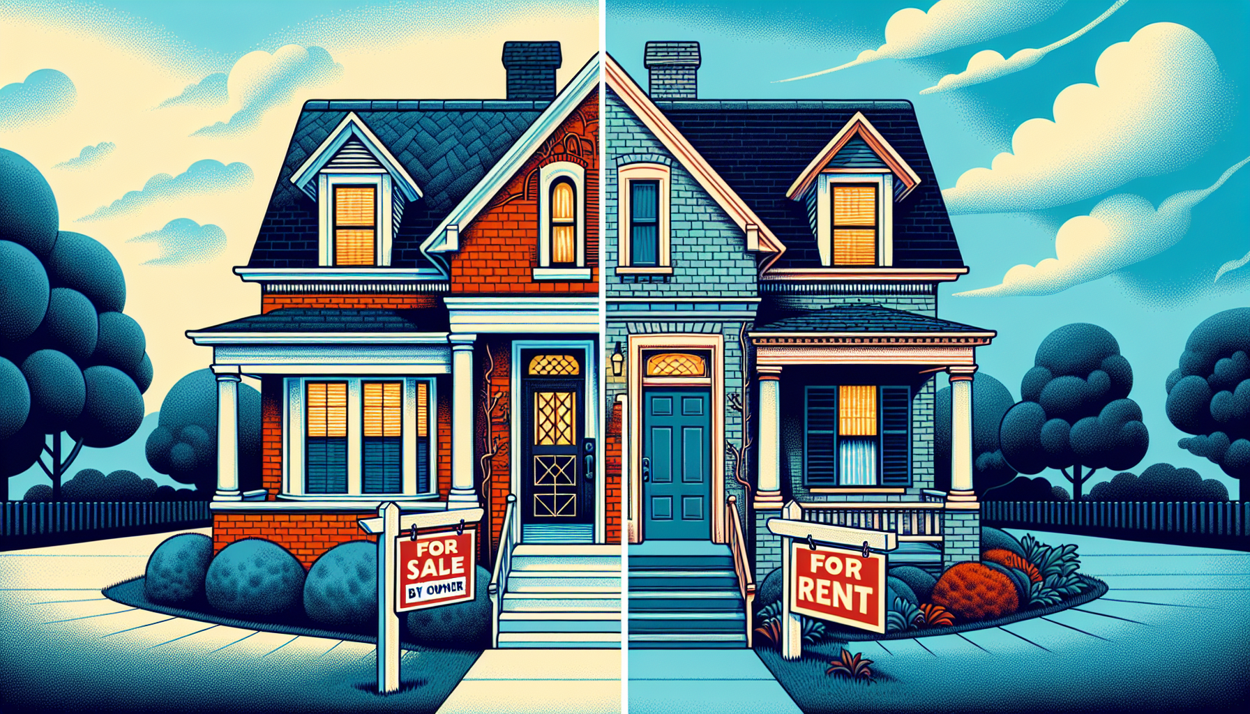 A split screen image, one side showing a For Sale by Owner sign in front of a charming Birmingham brick house, the other side showing a For Rent sign in front of the same house.