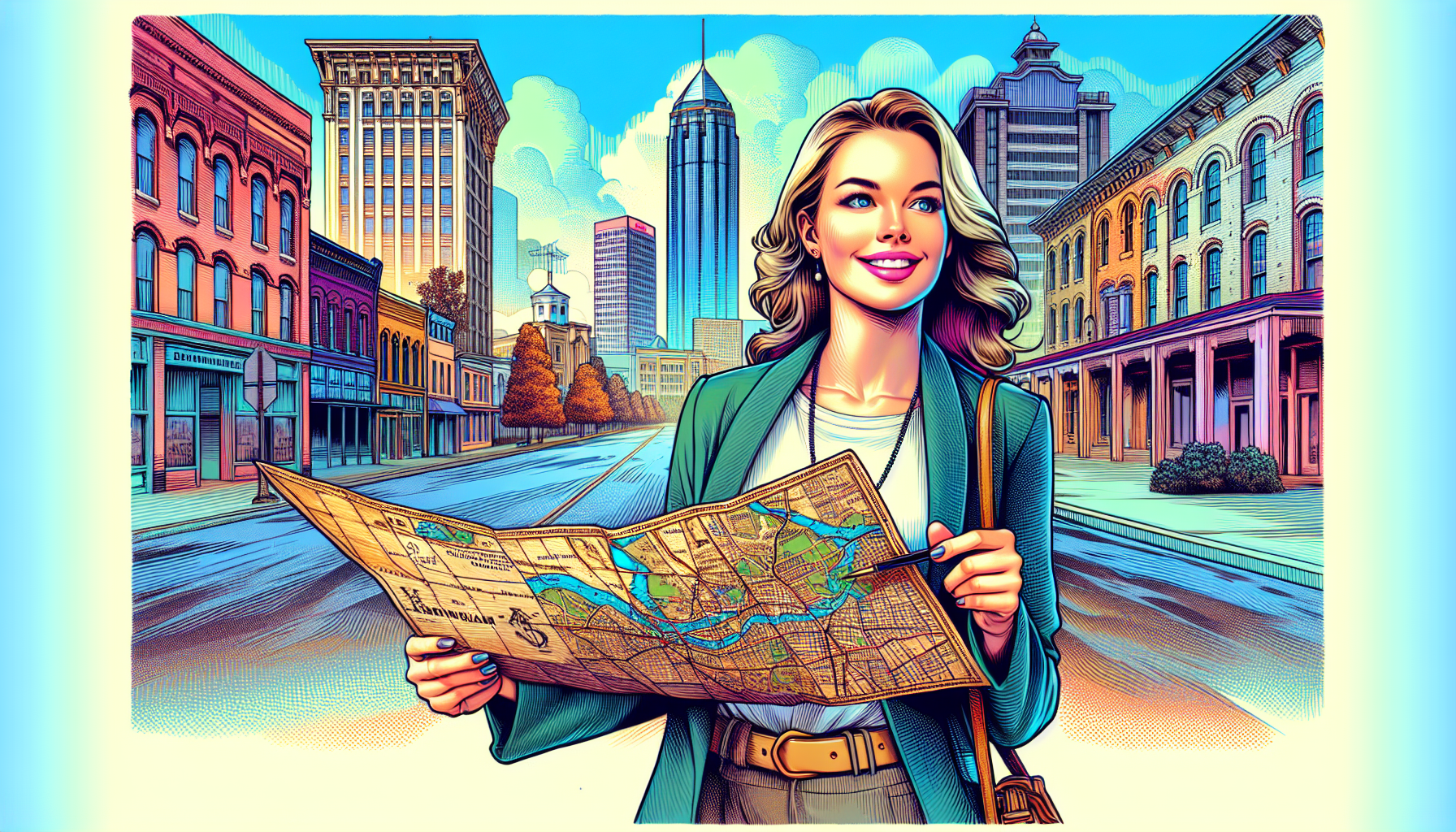 Create a detailed illustration of a savvy real estate investor navigating the streets of Birmingham, Alabama, using a treasure map to discover hidden off-market properties. The scene should include ch