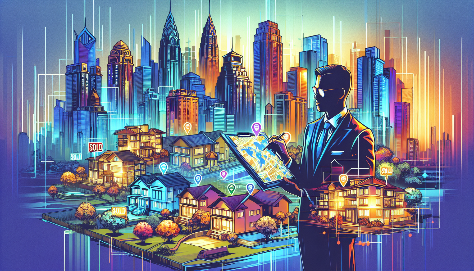 A visually captivating image of a bustling Birmingham cityscape with diverse architectural styles, highlighting a modern investor holding a map marked with various off-market property locations. In th