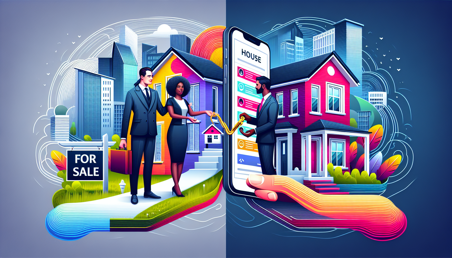 A split image with one side showing a house with a for sale sign being handed keys by a realtor to new homeowners, and the other side showing a smartphone with a social media house listing being scrol
