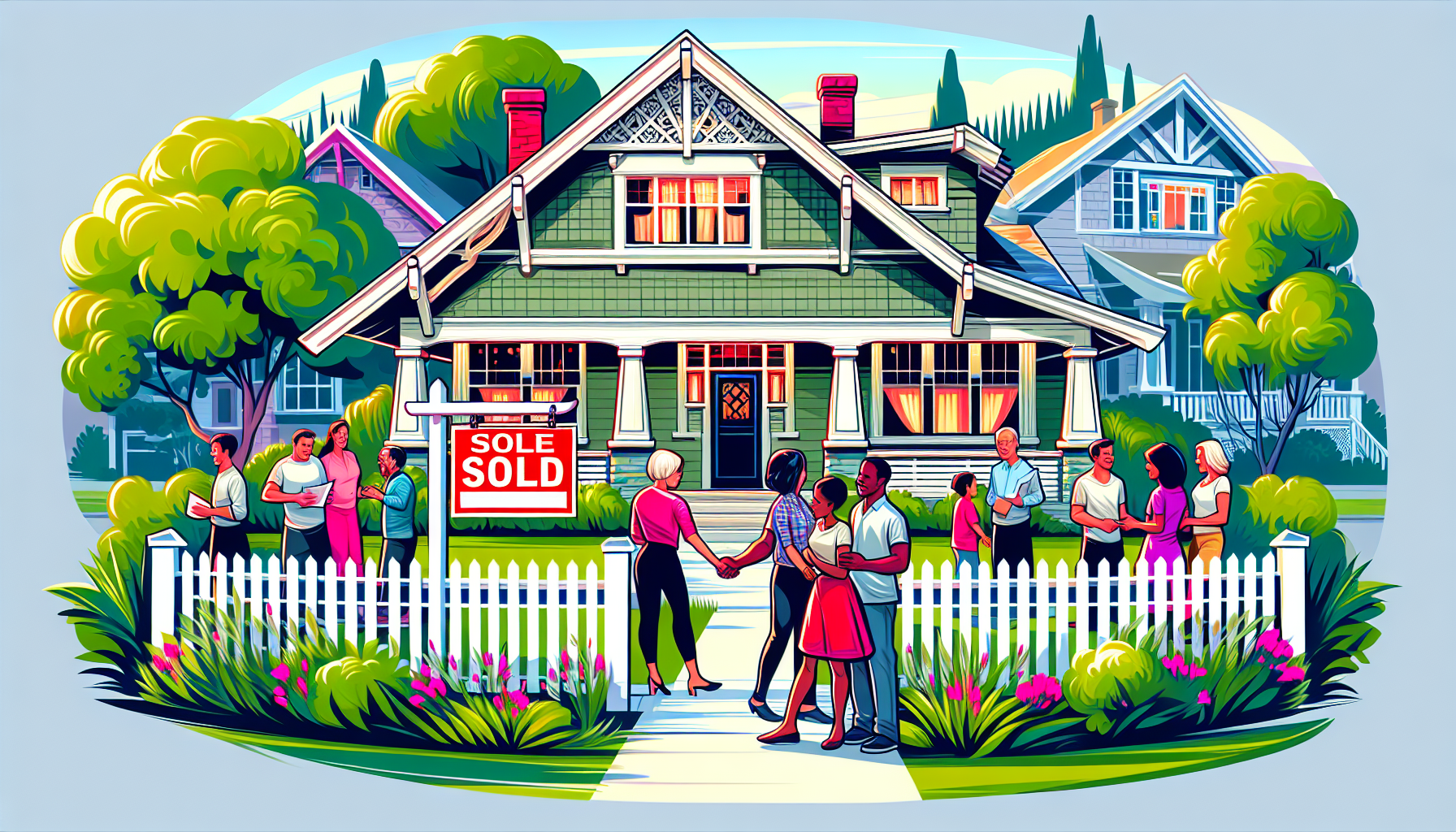 A charming craftsman home in Birmingham with a white picket fence and a red SOLD sign on a lush green lawn, surrounded by friendly neighbors greeting each other.