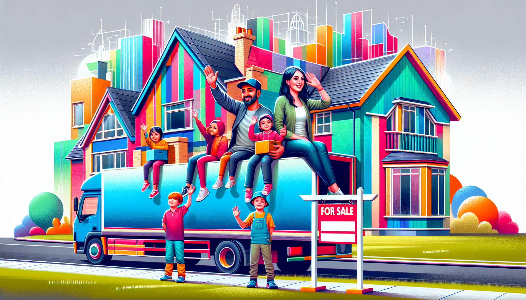 A family waving goodbye to their Birmingham home from a moving truck, with a transparent For Sale sign on the lawn showcasing a cityscape of Birmingham in the background.