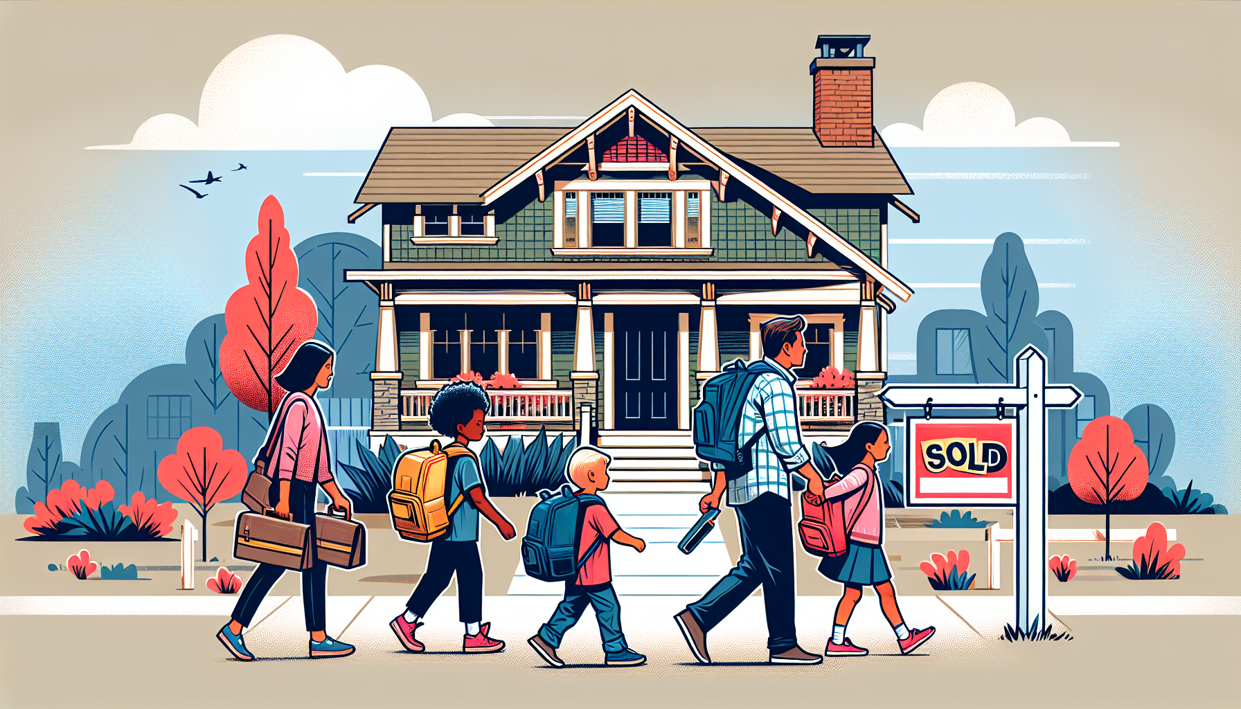 A charming craftsman house in Birmingham, Michigan, with a SOLD sign in the yard and a family with backpacks walking towards a top-rated school in the background.