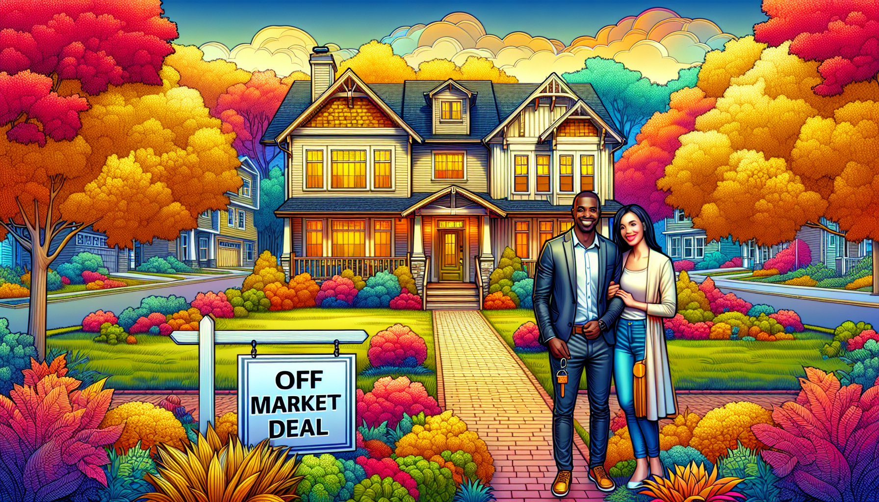 Create an image showing a picturesque suburban neighborhood in Birmingham, Michigan, in the vibrant colors of fall. Highlight cozy, charming houses with well-maintained gardens. Include a Sold sign wi
