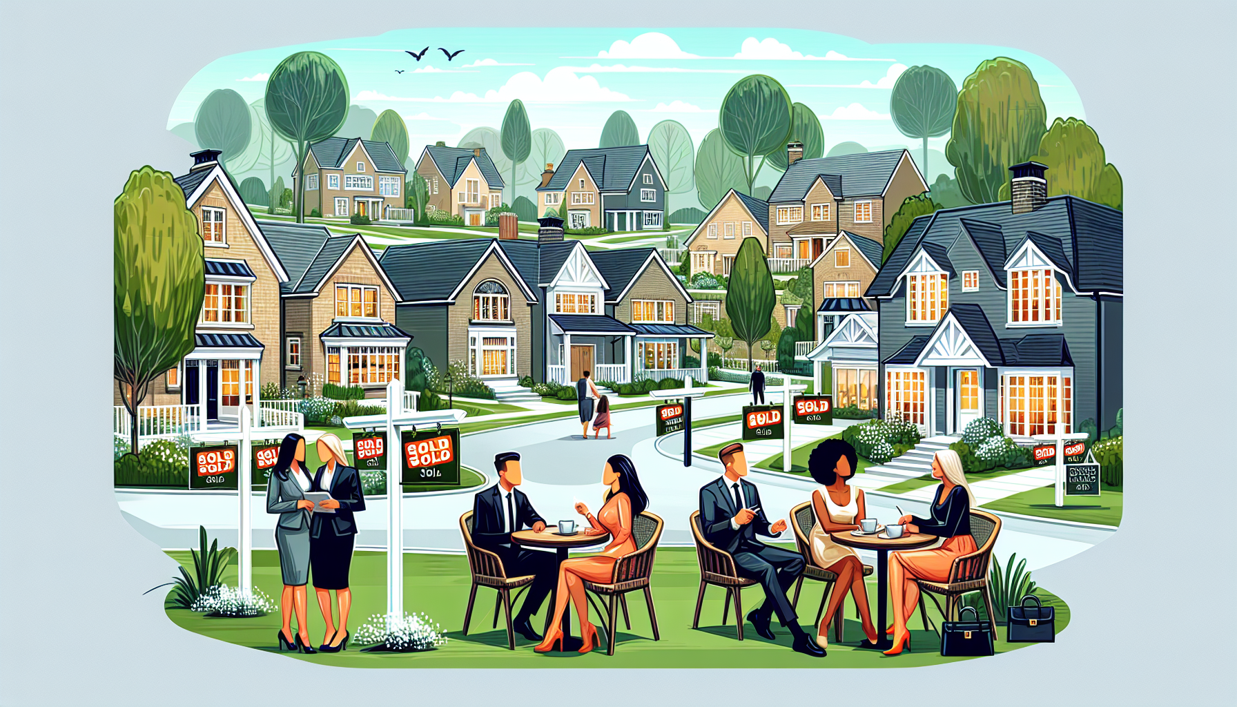 Create an image capturing the essence of off-market real estate in Birmingham, Michigan. Depict a picturesque, tree-lined neighborhood with charming, upscale homes that have discreet 'sold' signs or i