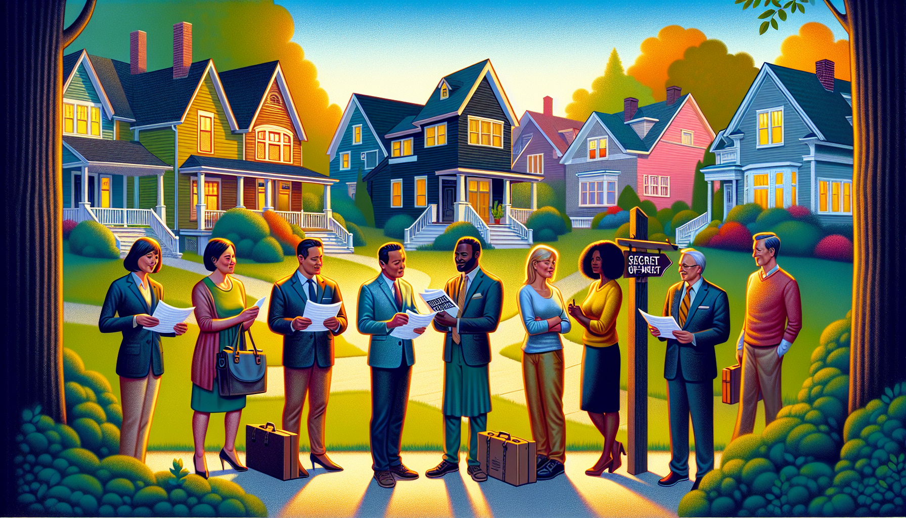 Create an image depicting a charming suburban neighborhood in Birmingham, Michigan, with a mix of quaint and modern homes. In the foreground, illustrate a group of individuals holding a discreet meeti