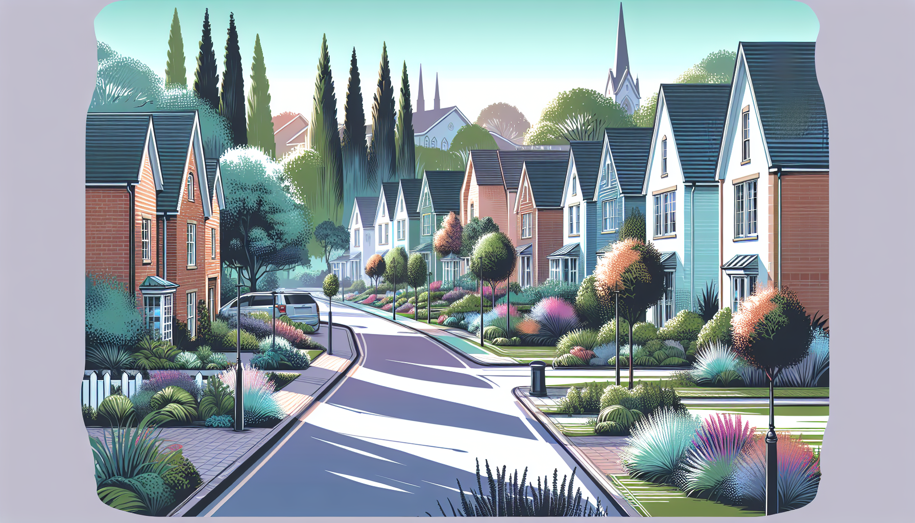 Create an image of a serene residential street in Birmingham, Michigan, showcasing the charming architecture and inviting atmosphere of the neighborhood. The street should be lined with vibrant trees