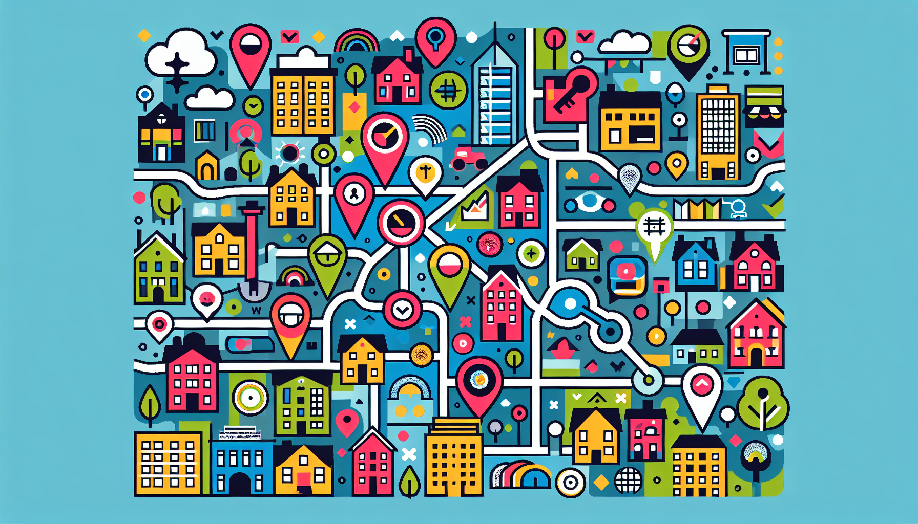 Create an image of a map of Birmingham with various real estate icons and symbols marking key areas and properties in the city. Include visuals that represent the diversity of neighborhoods, types of