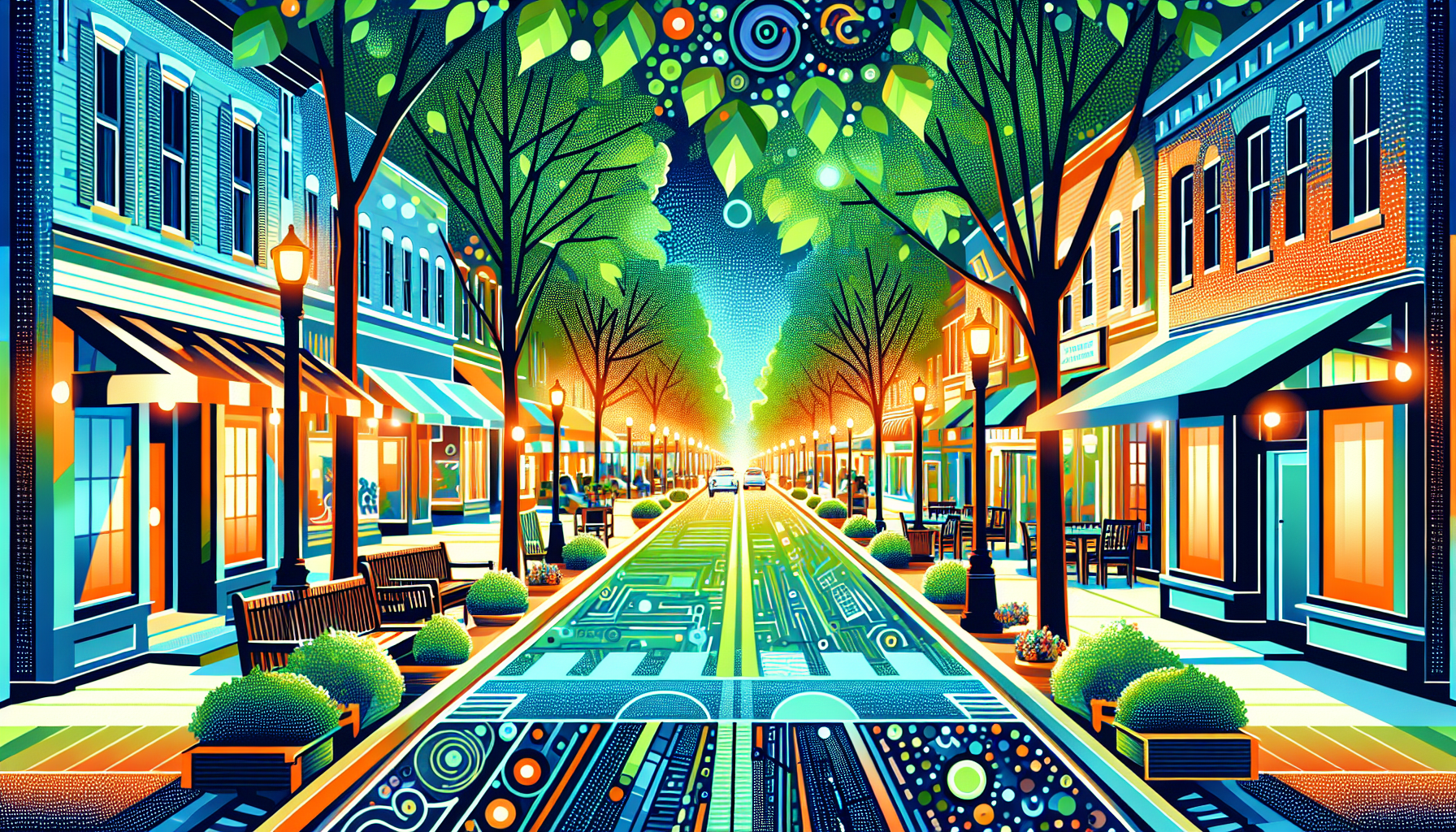 Create an image of a serene and bustling residential street in Birmingham, Michigan, showcasing beautiful tree-lined avenues, quaint shops, and diverse restaurants, juxtaposed with a list of Pros and