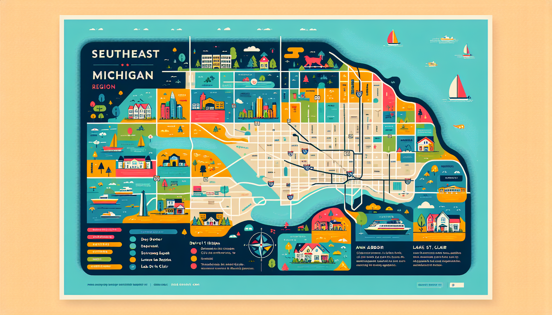 Produce an image of a map displaying the Southeast Michigan region with key landmarks labeled, such as Detroit, Ann Arbor, and Lake St. Clair, surrounded by diverse housing options and outdoor recreat