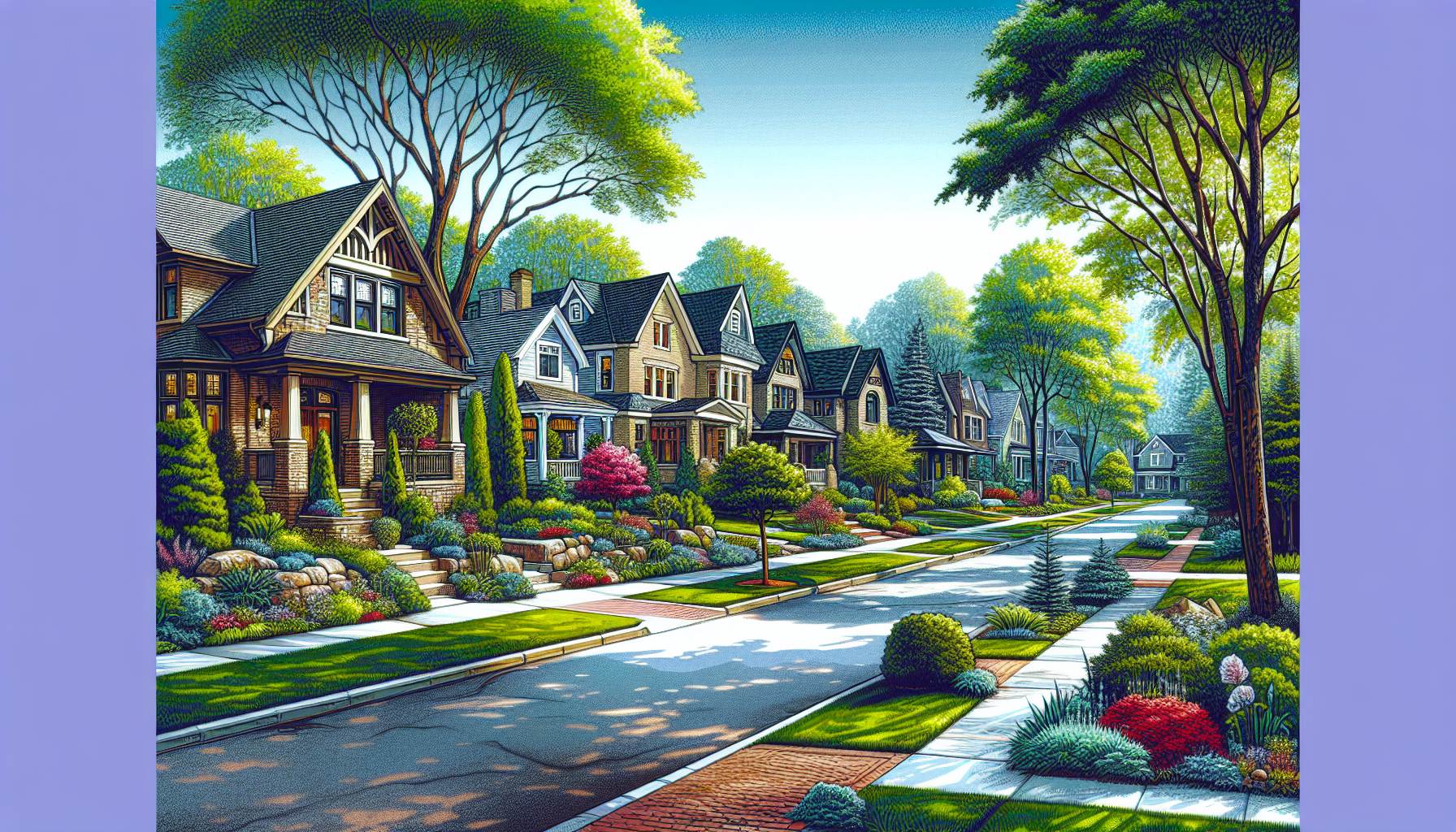 Create an image of a picturesque neighborhood in Birmingham, Michigan showcasing tree-lined streets, beautiful homes, and well-maintained yards. The image should exude a sense of tranquility and commu