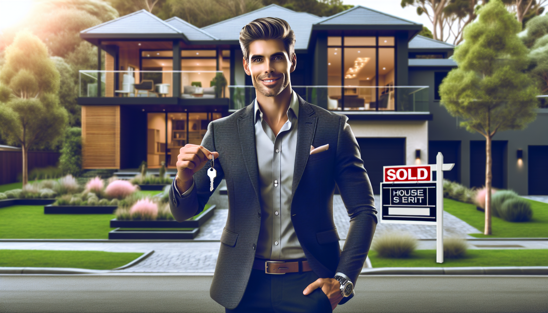 Create an image of a professional real estate agent in Birmingham, MI, standing in front of a luxurious modern home with a Sold sign on the front yard. The agent is smiling confidently, holding a set