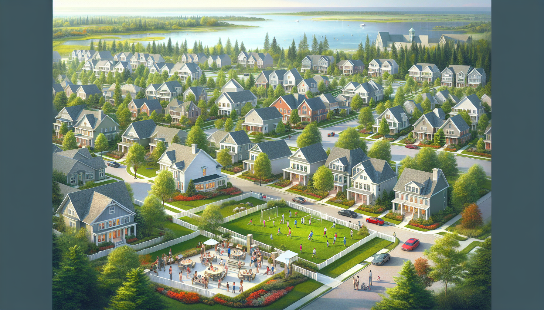 Create an image of a picturesque suburban neighborhood in Michigan, showcasing tree-lined streets, well-kept lawns, and cozy houses with picket fences. Include elements that represent the essence of a
